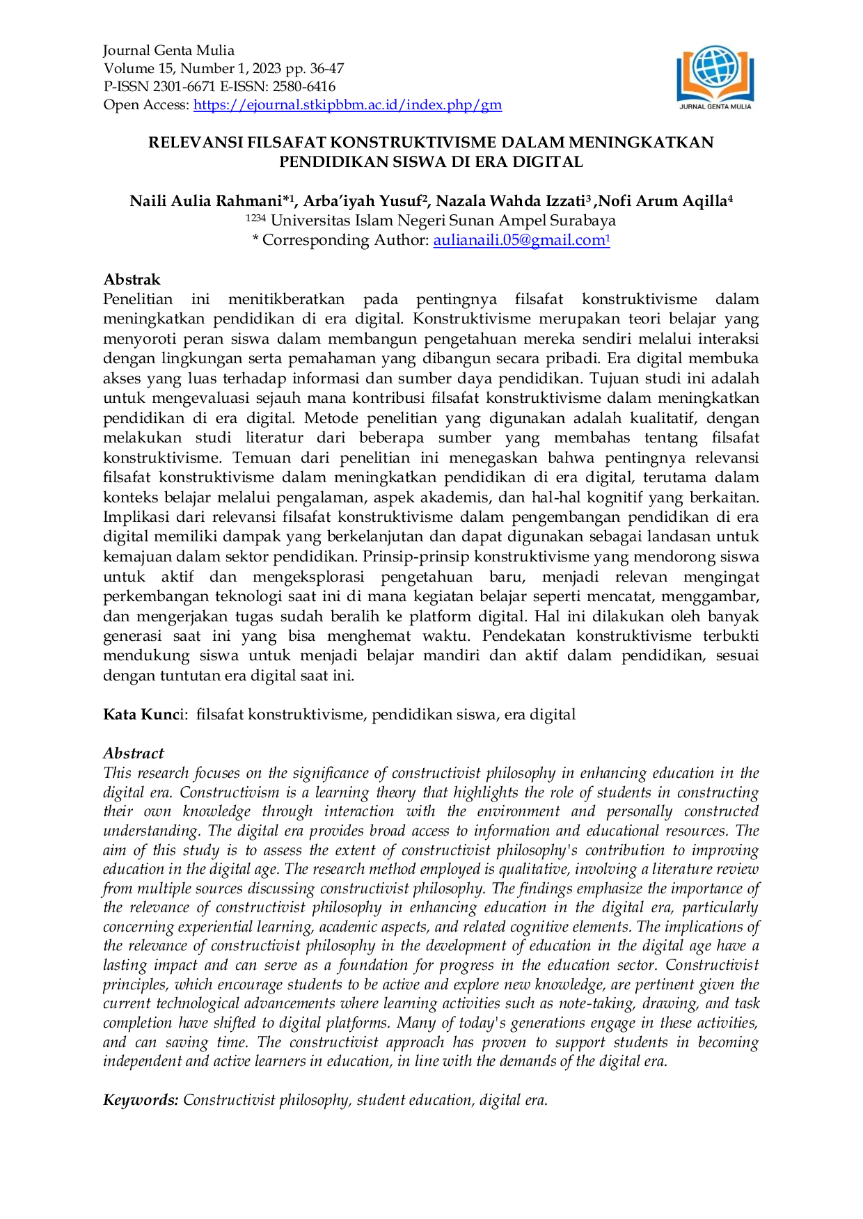 JURIS Relevansi Filsafat Konstruktivisme Dalam Meningkatkan Pendidikan Siswa Di Era Digital