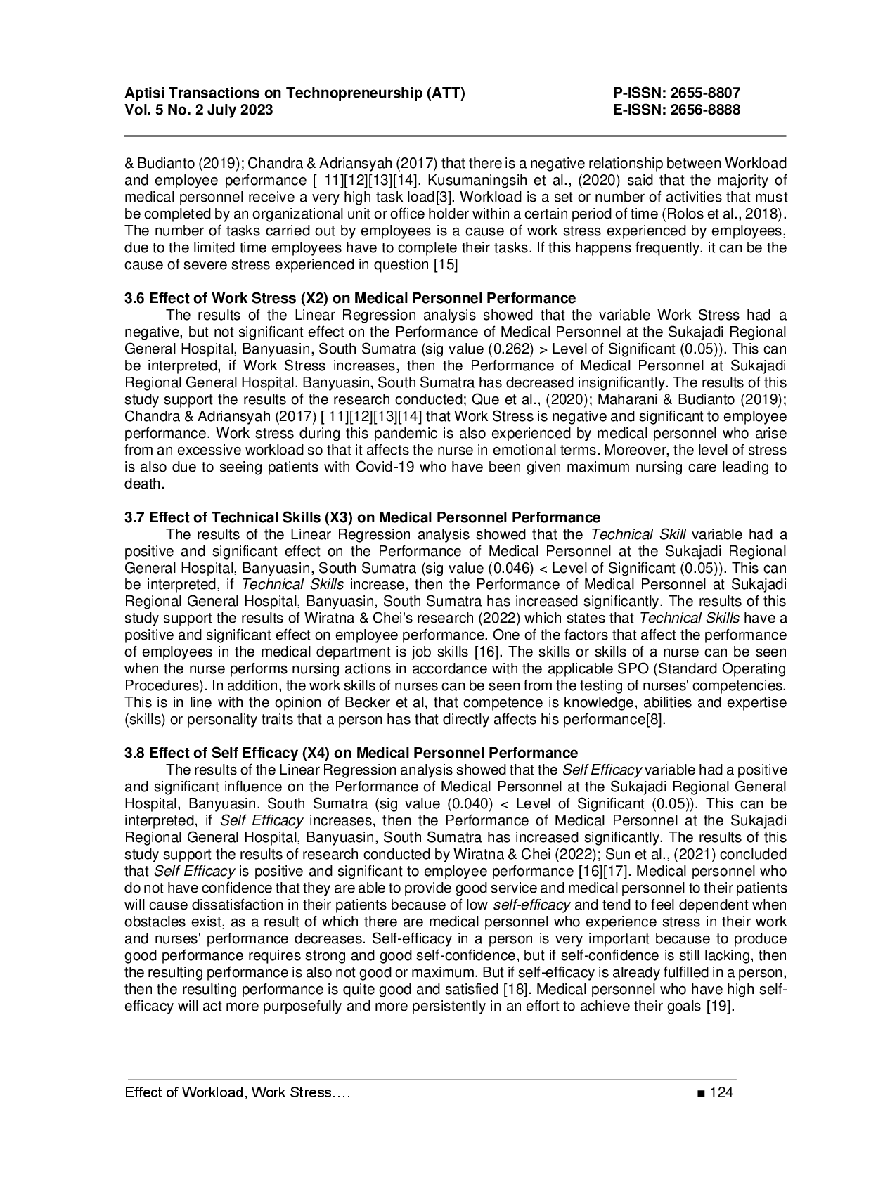 juris Effect of Workload Work Stress Technical Skills Self Efficacy and Social Competence on Medical Personnel Performance
