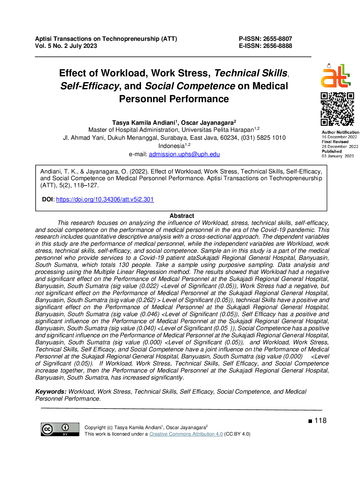 juris Effect of Workload Work Stress Technical Skills Self Efficacy and Social Competence on Medical Personnel Performance