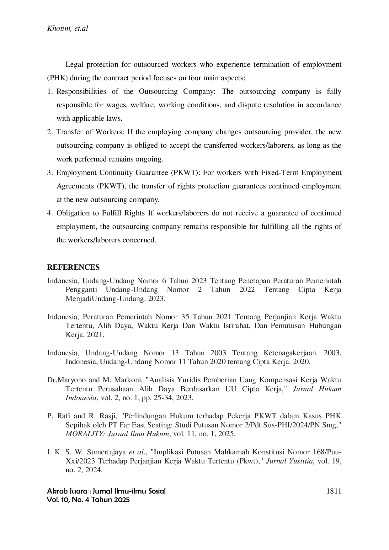 JURIS Legal Protection For Outsourced Workers Who Are Laid Off During The Period Of The Employment Agreement