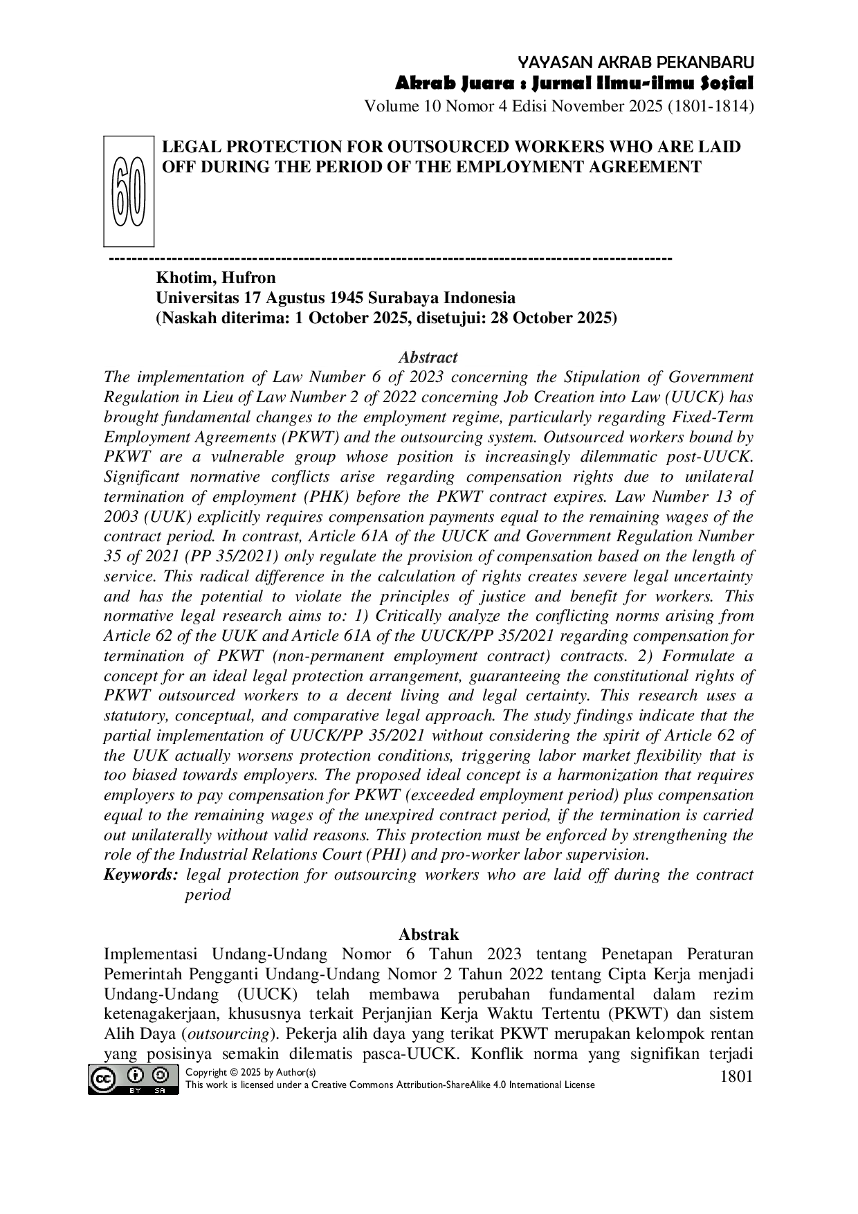 JURIS Legal Protection For Outsourced Workers Who Are Laid Off During The Period Of The Employment Agreement