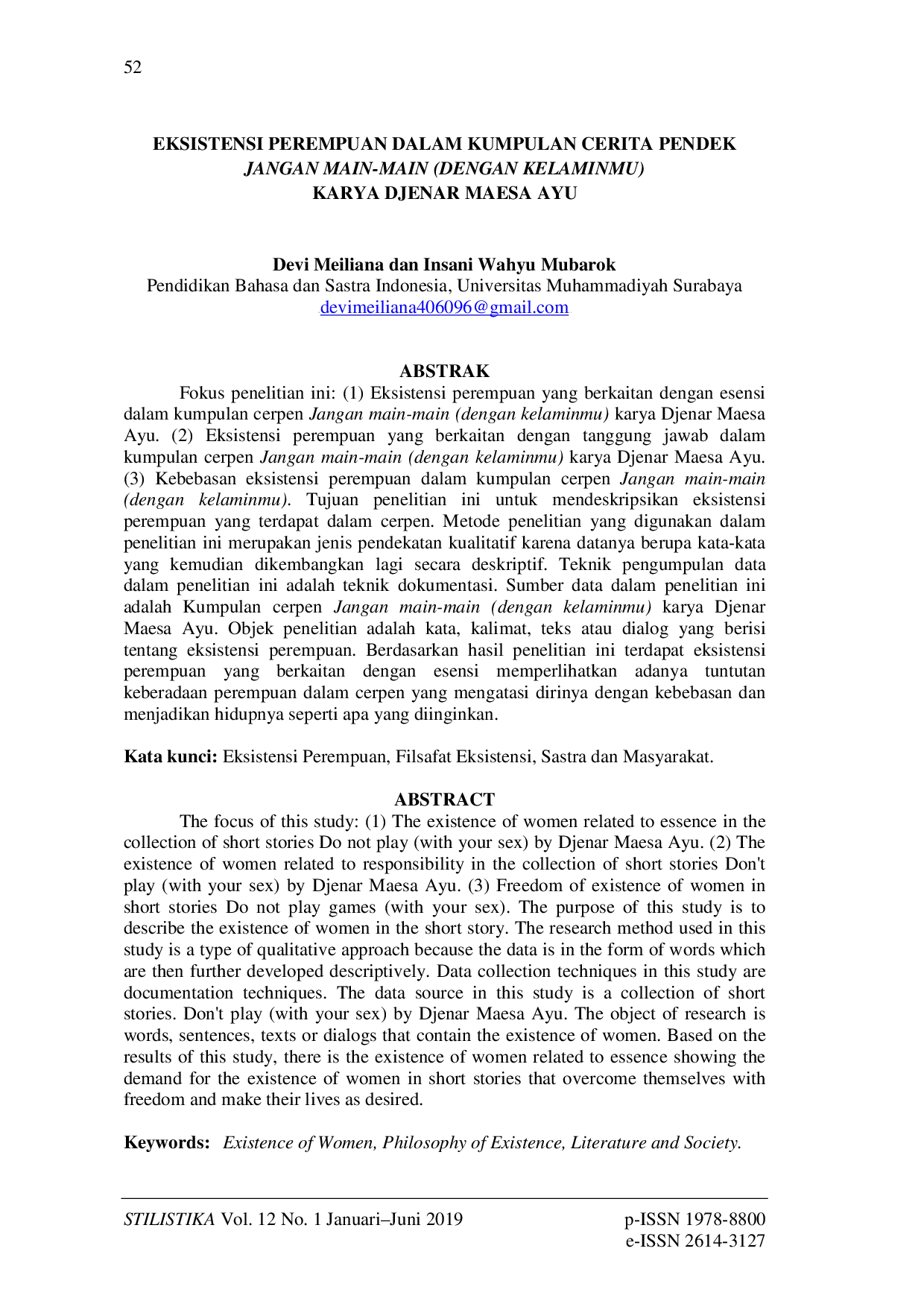 JURIS Eksistensi Perempuan dalam Kumpulan Cerita Pendek Jangan Main Main Dengan Kelaminmu Karya Djenar Maesa Ayu