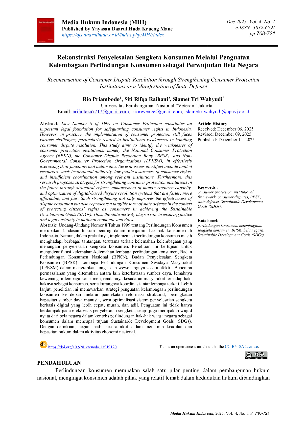 JURIS Rekonstruksi Penyelesaian Sengketa Konsumen Melalui Penguatan Kelembagaan Perlindungan Konsumen sebagai Perwujudan Bela Negara