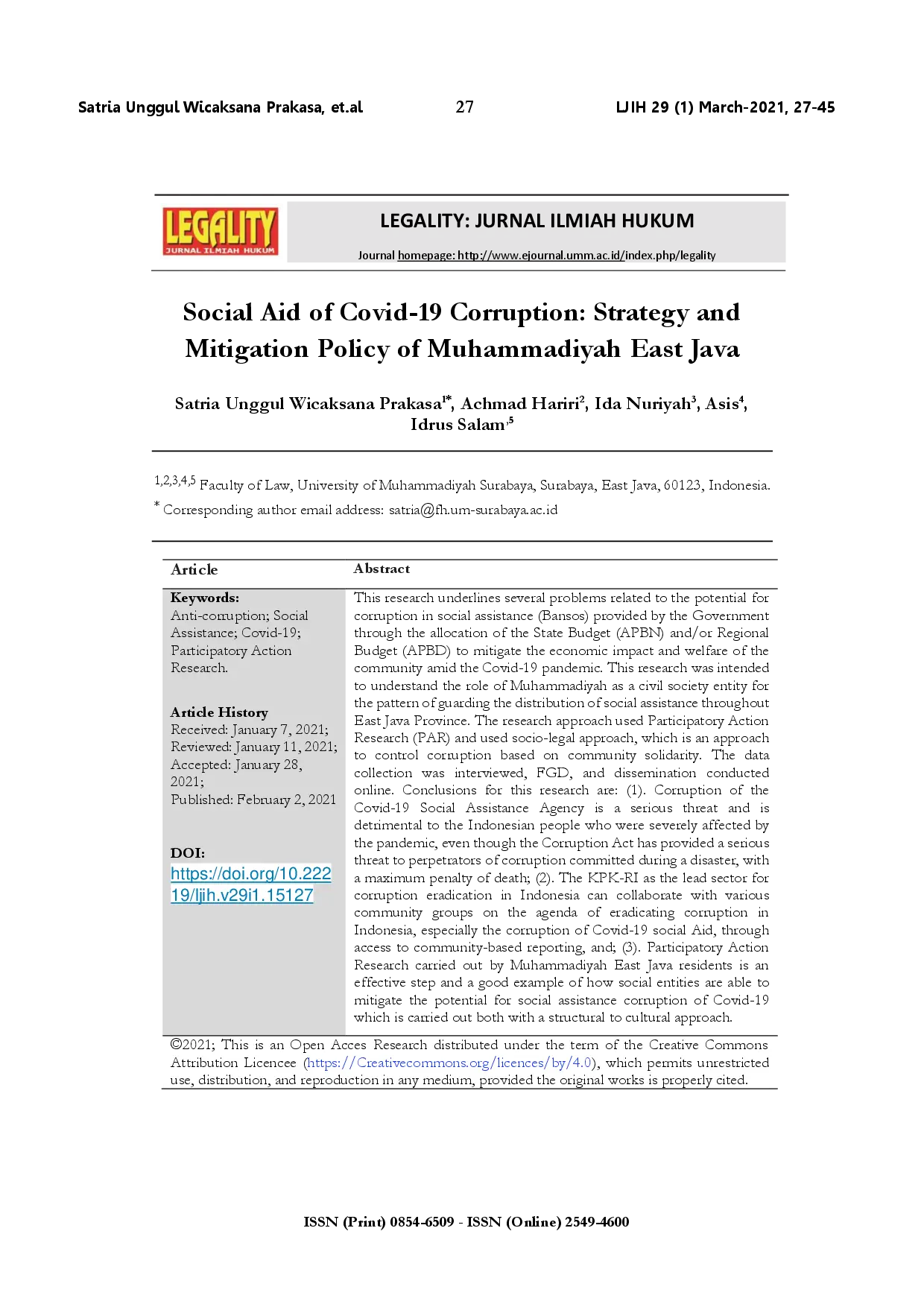 juris Social aid of Covid 19 corruption strategy and mitigation policy of Muhammadiyah East Java