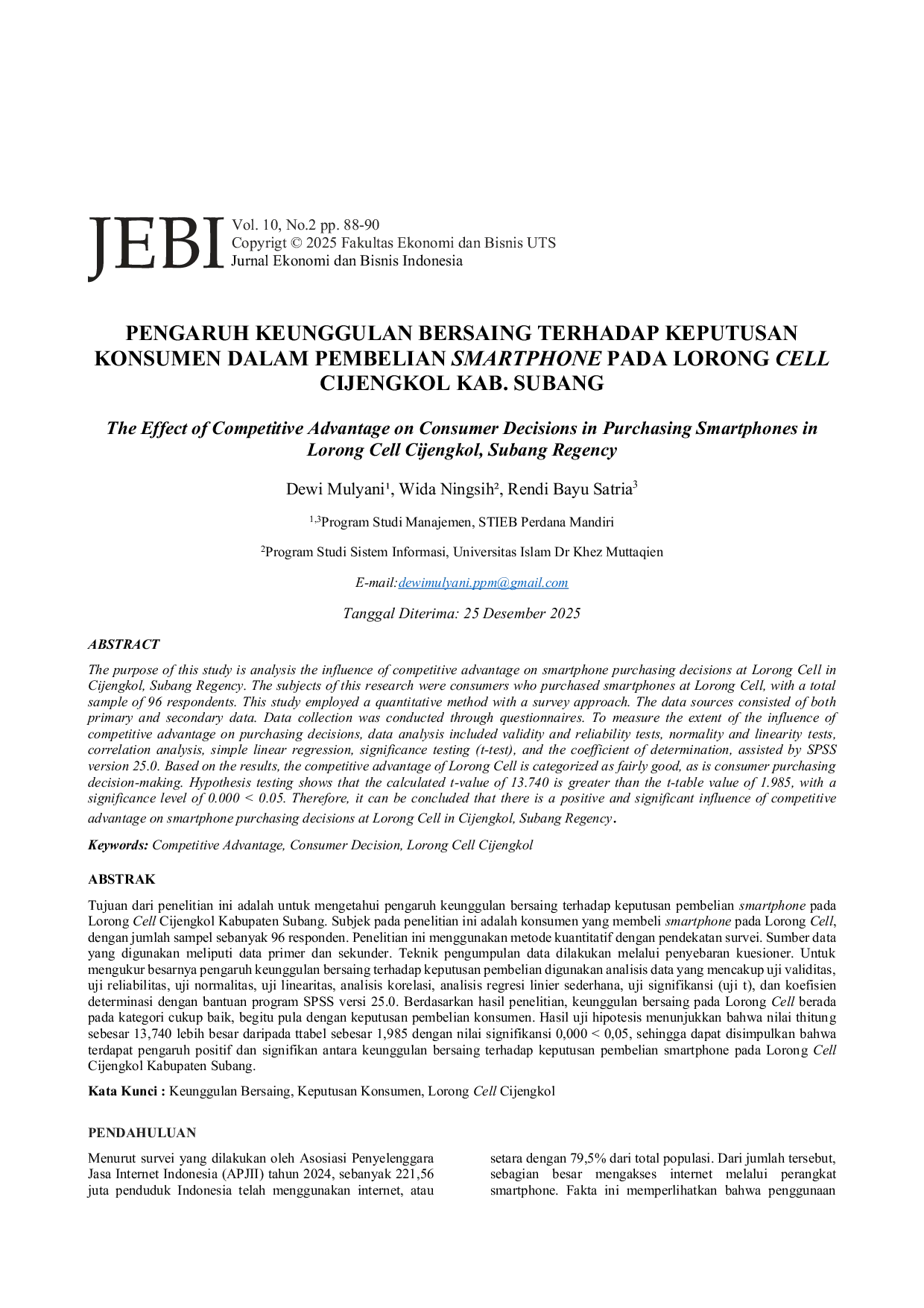 JURIS Pengaruh Keunggulan Bersaing Terhadap Keputusan Konsumen Dalam Pembelian Smartphone Pada Lorong Cell Cijengkol Kab Subang