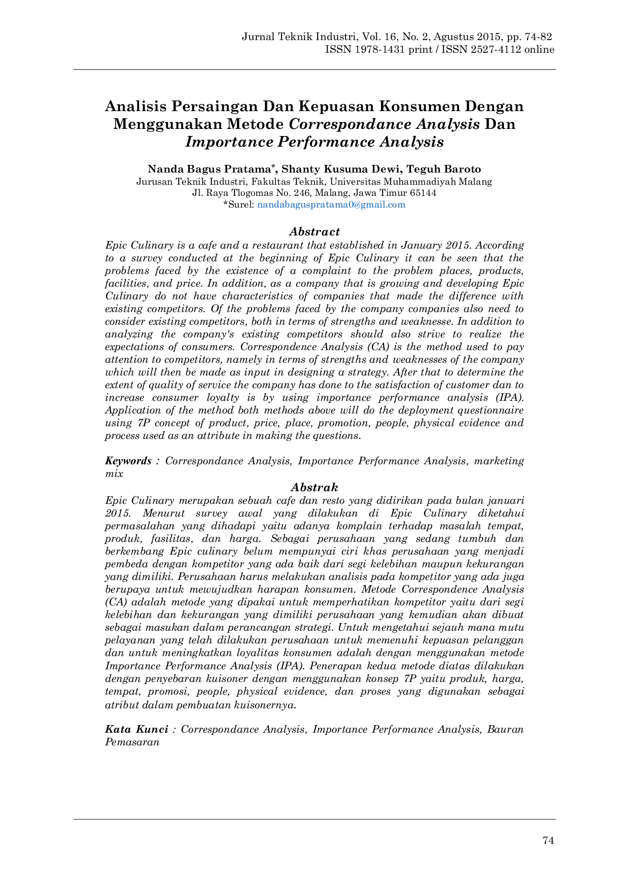 JURIS Analisis Persaingan Dan Kepuasan Konsumen Dengan Menggunakan Metode Correspondance Analysis Dan Importance Performance Analysis