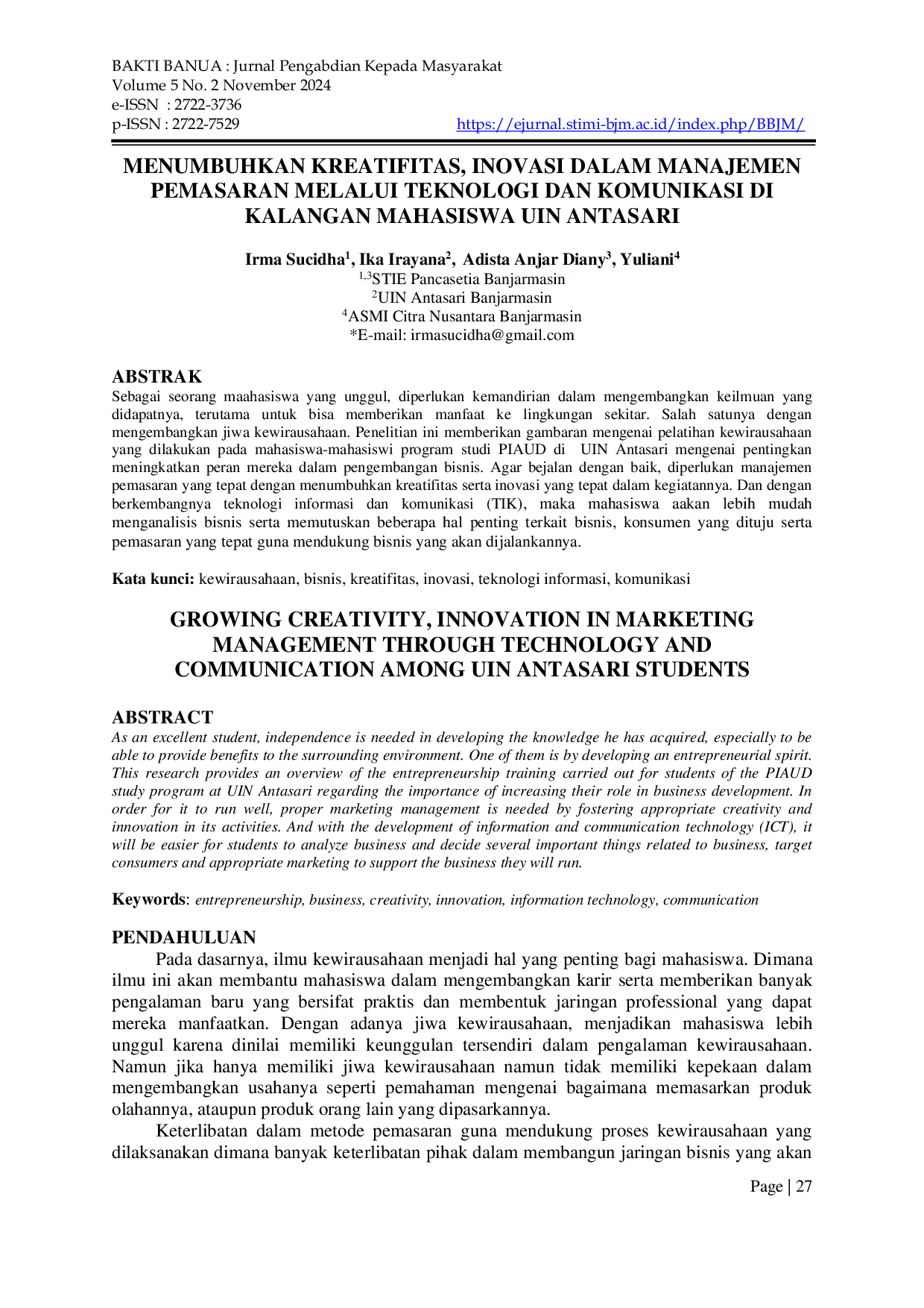 JURIS Menumbuhkan Kreatifitas Inovasi dalam Manajemen Pemasaran Melalui Teknologi dan Komunikasi di Kalangan Mahasiswa UIN Antasari