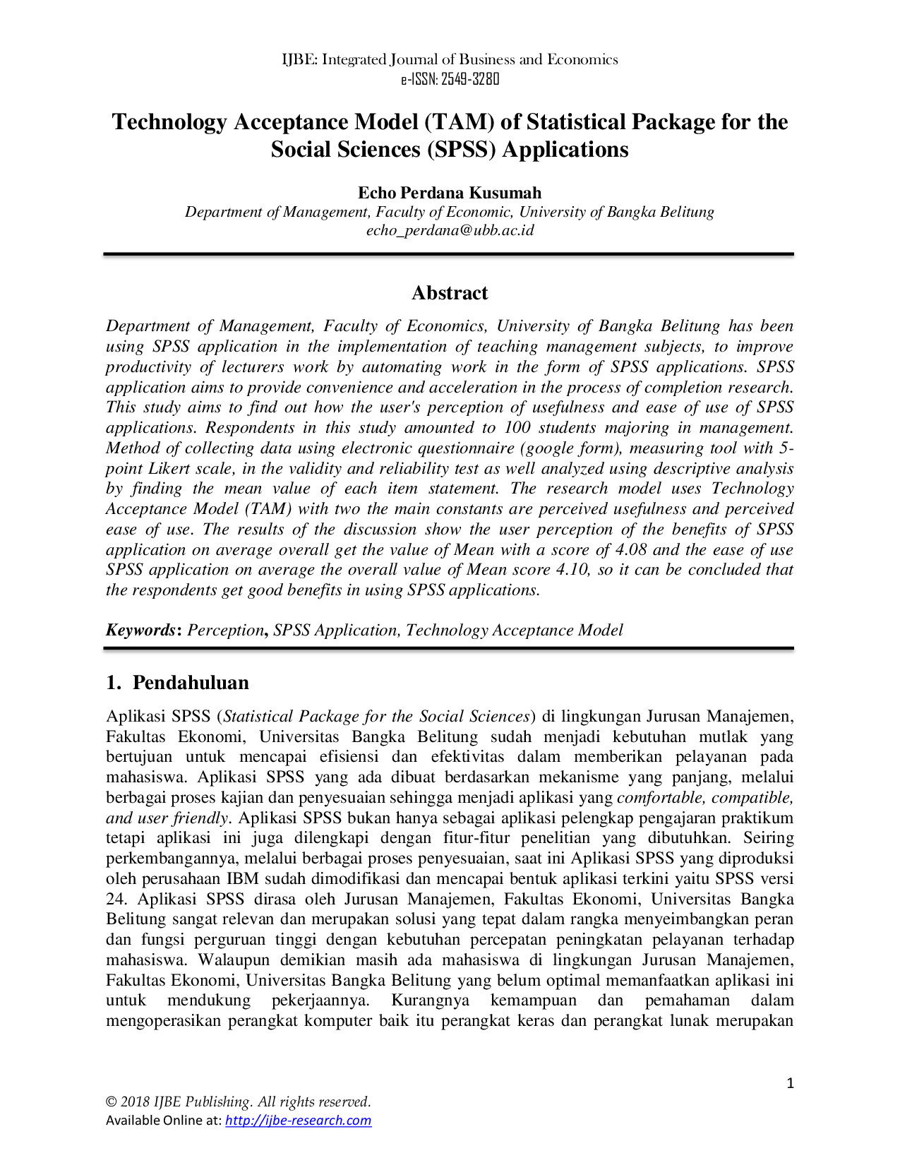 JURIS Technology Acceptance Model TAM of Statistical Package for the Social Sciences SPSS Applications