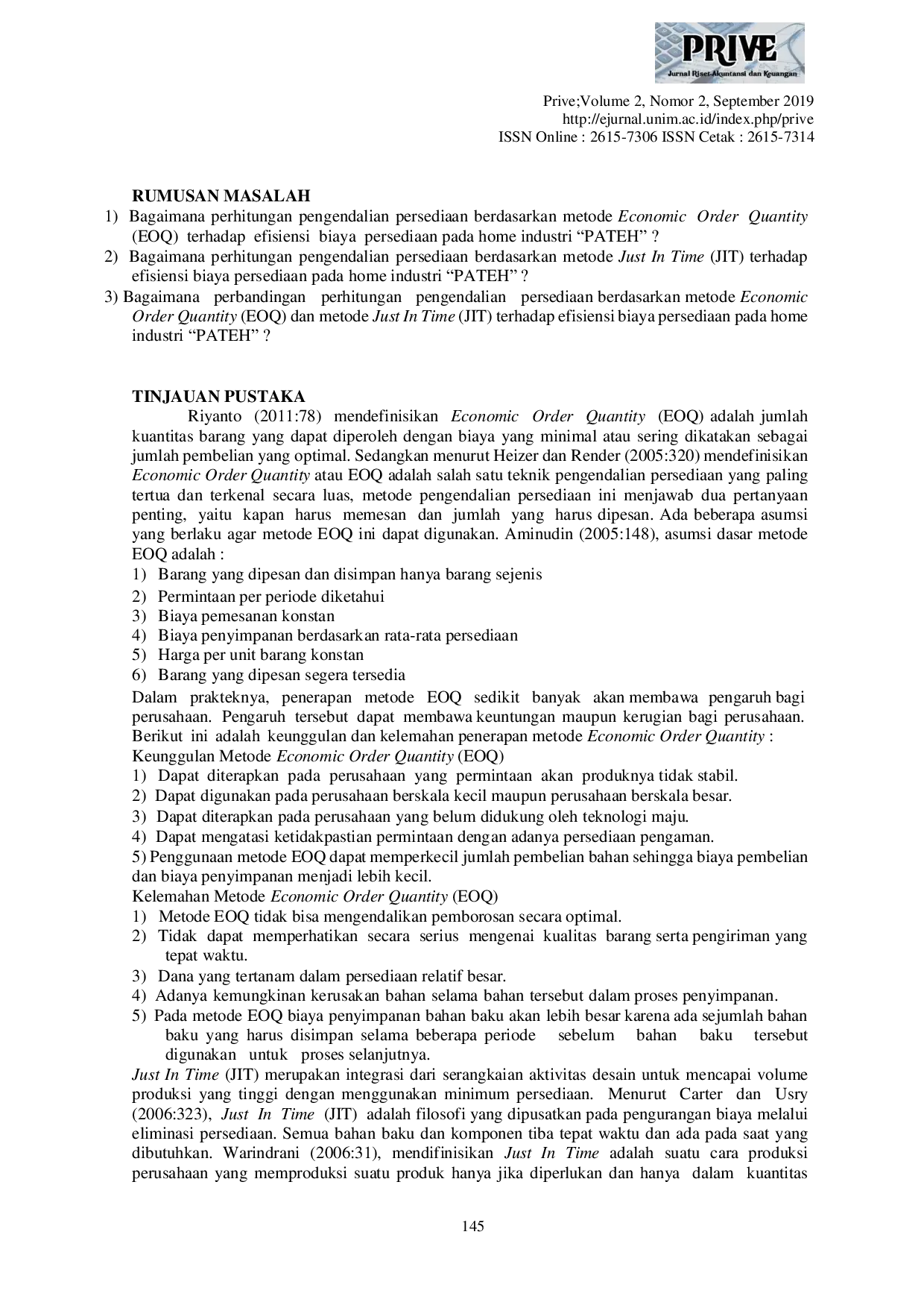 JURIS Perbandingan Metode Economic Order Quantity EOQ Dan Just In Time JIT Terhadap Pengendalian Persediaan Bahan Baku