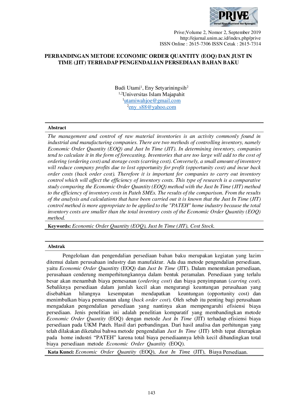 JURIS Perbandingan Metode Economic Order Quantity EOQ Dan Just In Time JIT Terhadap Pengendalian Persediaan Bahan Baku