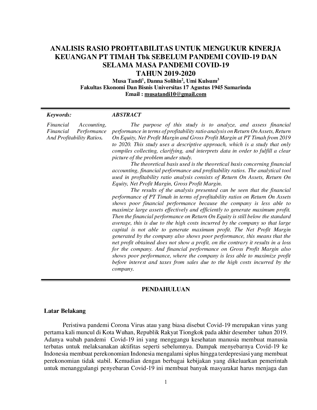 JURIS ANALISIS RASIO PROFITABILITAS UNTUK MENGUKUR KINERJA KEUANGAN PT TIMAH Tbk SEBELUM PANDEMI COVID 19 DAN SELAMA MASA PANDEMI COVID 19 TAHUN 2019 2020