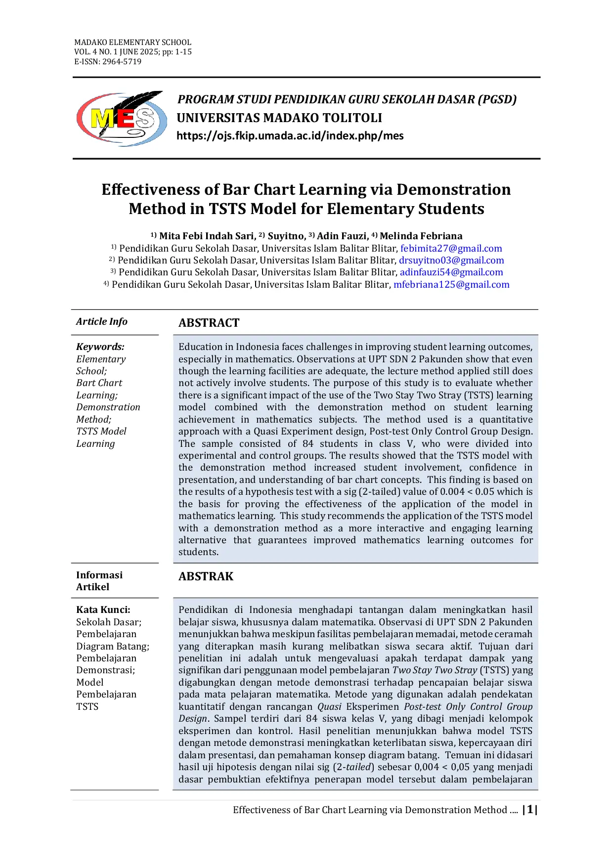 JURIS Effectiveness of Bar Chart Learning via Demonstration Method in TSTS Model for Elementary Students