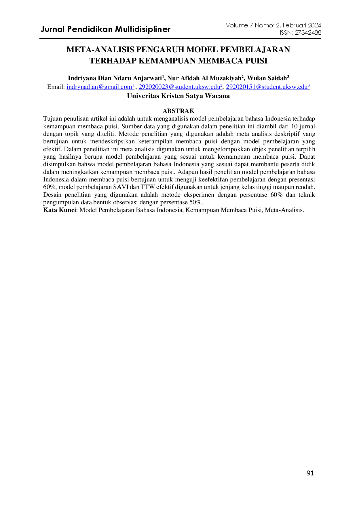 juris Meta Analisis Pengaruh Model Pembelajaran Terhadap Kemampuan Membaca Puisi