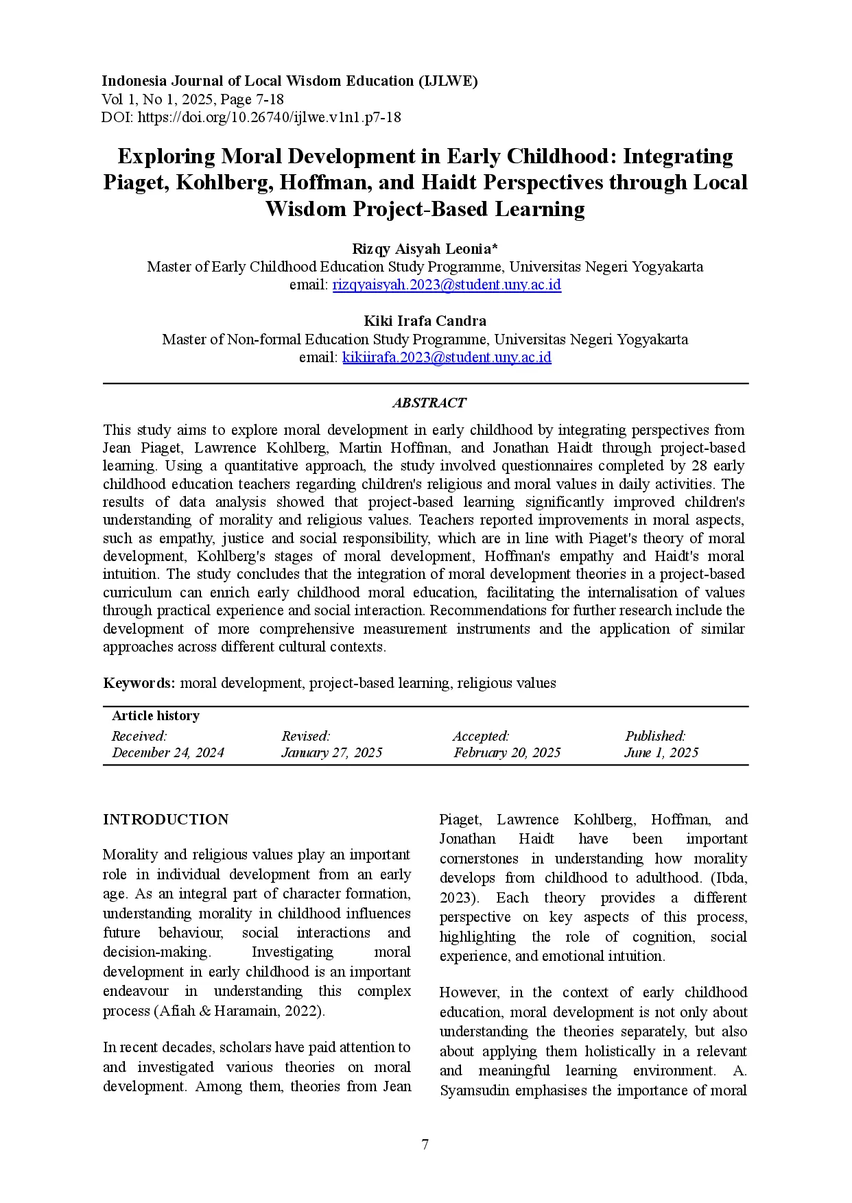 juris Exploring Moral Development in Early Childhood Integrating Piaget Kohlberg Hoffman and Haidt Perspectives through Local Wisdom Project Based Learning