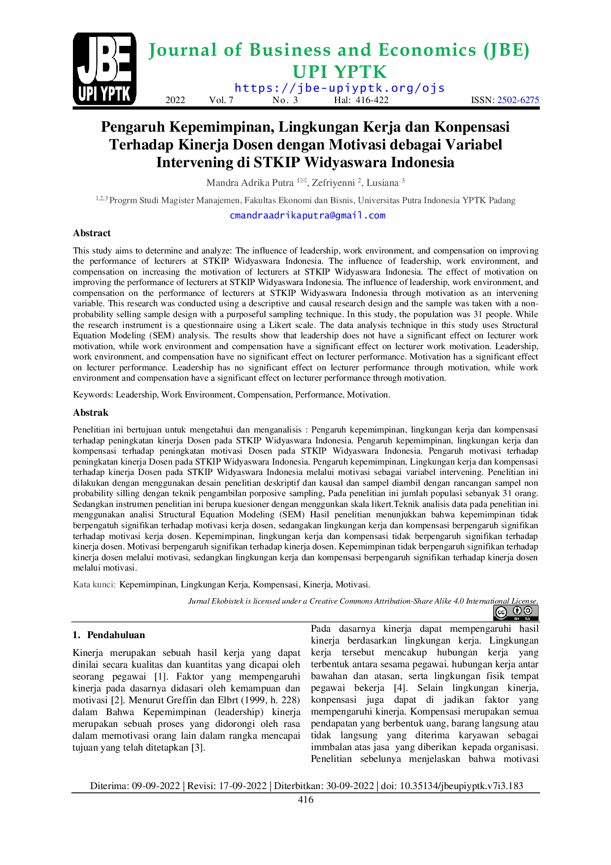 JURIS Pengaruh Kepemimpinan Lingkungan Kerja dan Konpensasi Terhadap Kinerja Dosen dengan Motivasi debagai Variabel Intervening di STKIP Widyaswara Indonesia