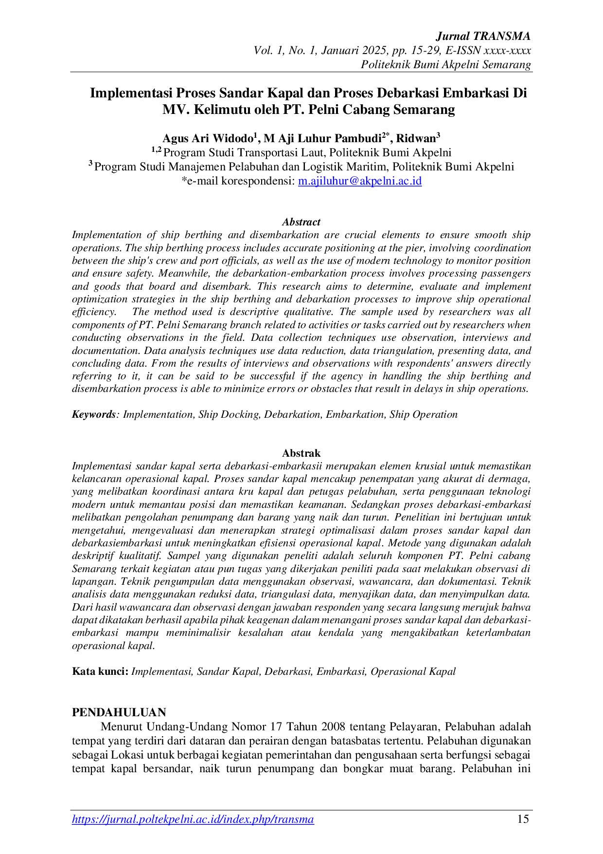 JURIS Implementasi Proses Sandar Kapal dan Proses Debarkasi Embarkasi Di MV Kelimutu oleh PT Pelni Cabang Semarang