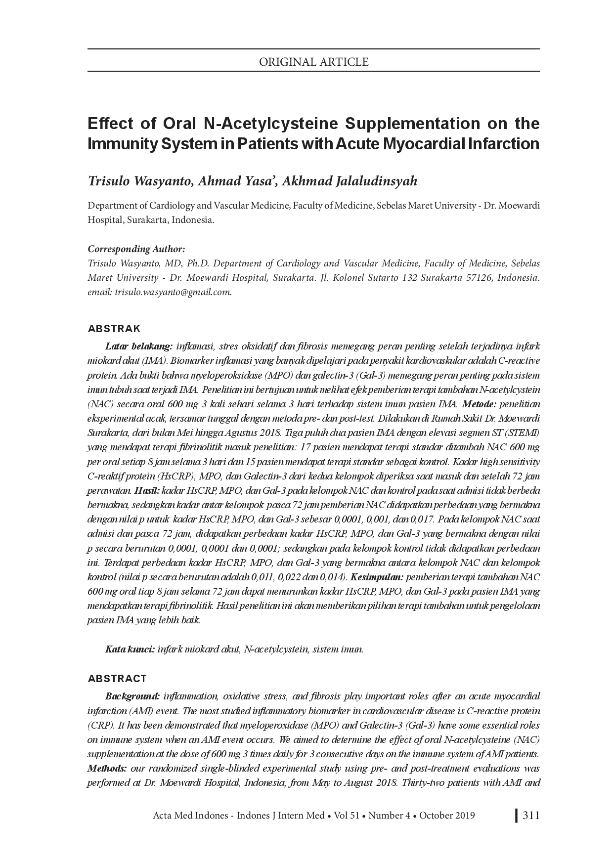 juris Effect of Oral N Acetylcysteine Supplementation on the Immunity System in Patients with Acute Myocardial Infarction
