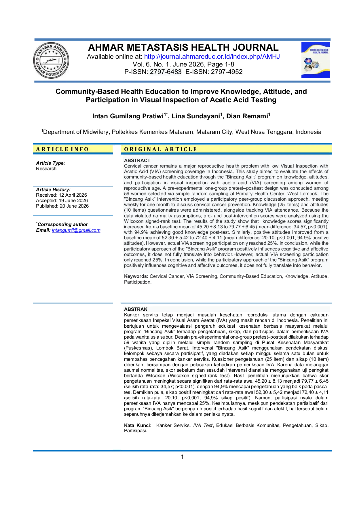 JURIS Community Based Health Education to Improve Knowledge Attitudes and Participation in Visual Inspection of Acetic Acid Testing