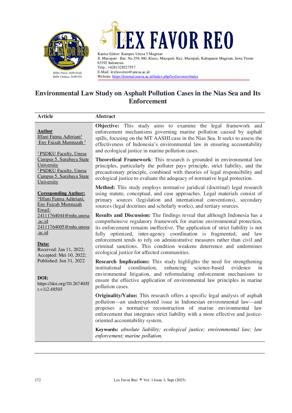 JURIS Environmental Law Study on Asphalt Pollution Cases in the Nias Sea and Its Enforcement