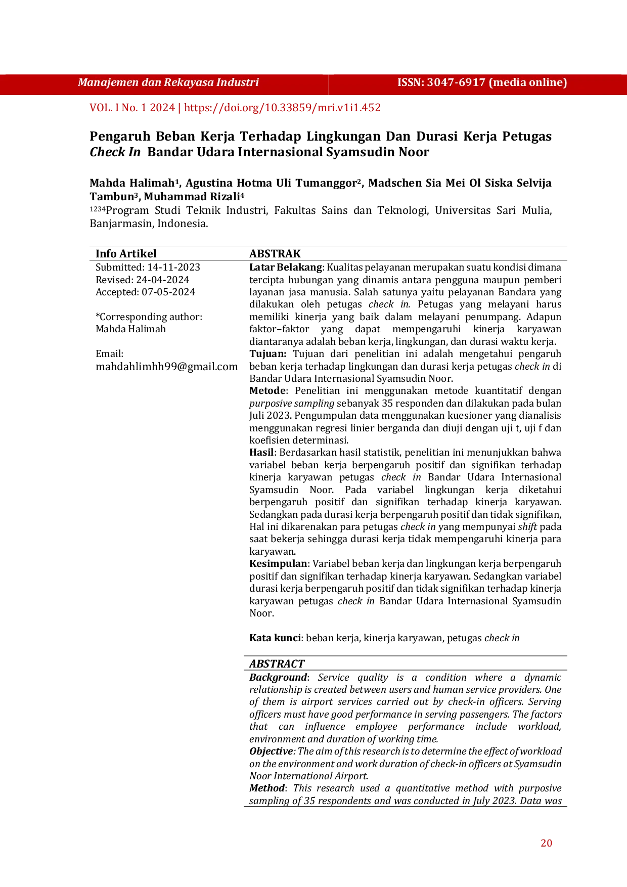 JURIS P Pengaruh Beban Kerja Terhadap Lingkungan Dan Durasi Kerja Petugas Check In Bandar Udara Internasional Syamsudin Noor