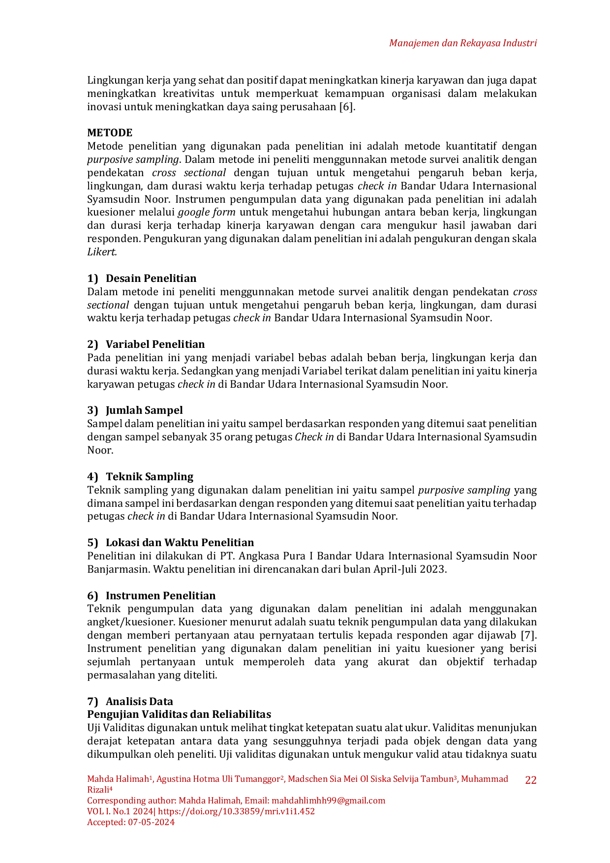 JURIS P Pengaruh Beban Kerja Terhadap Lingkungan Dan Durasi Kerja Petugas Check In Bandar Udara Internasional Syamsudin Noor