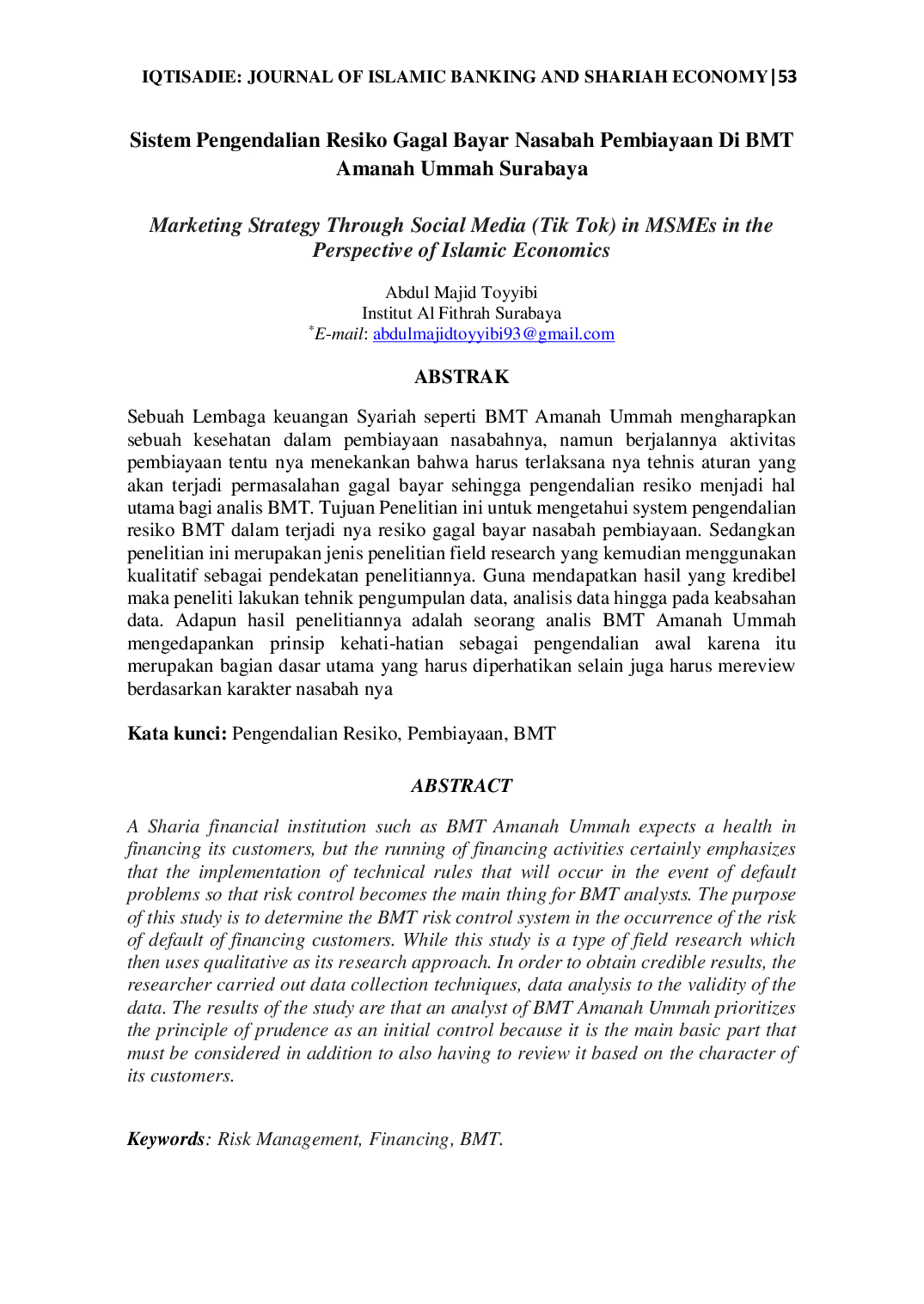 JURIS Sistem Pengendalian Resiko Gagal Bayar Nasabah Pembiayaan Di BMT Amanah Ummah Surabaya