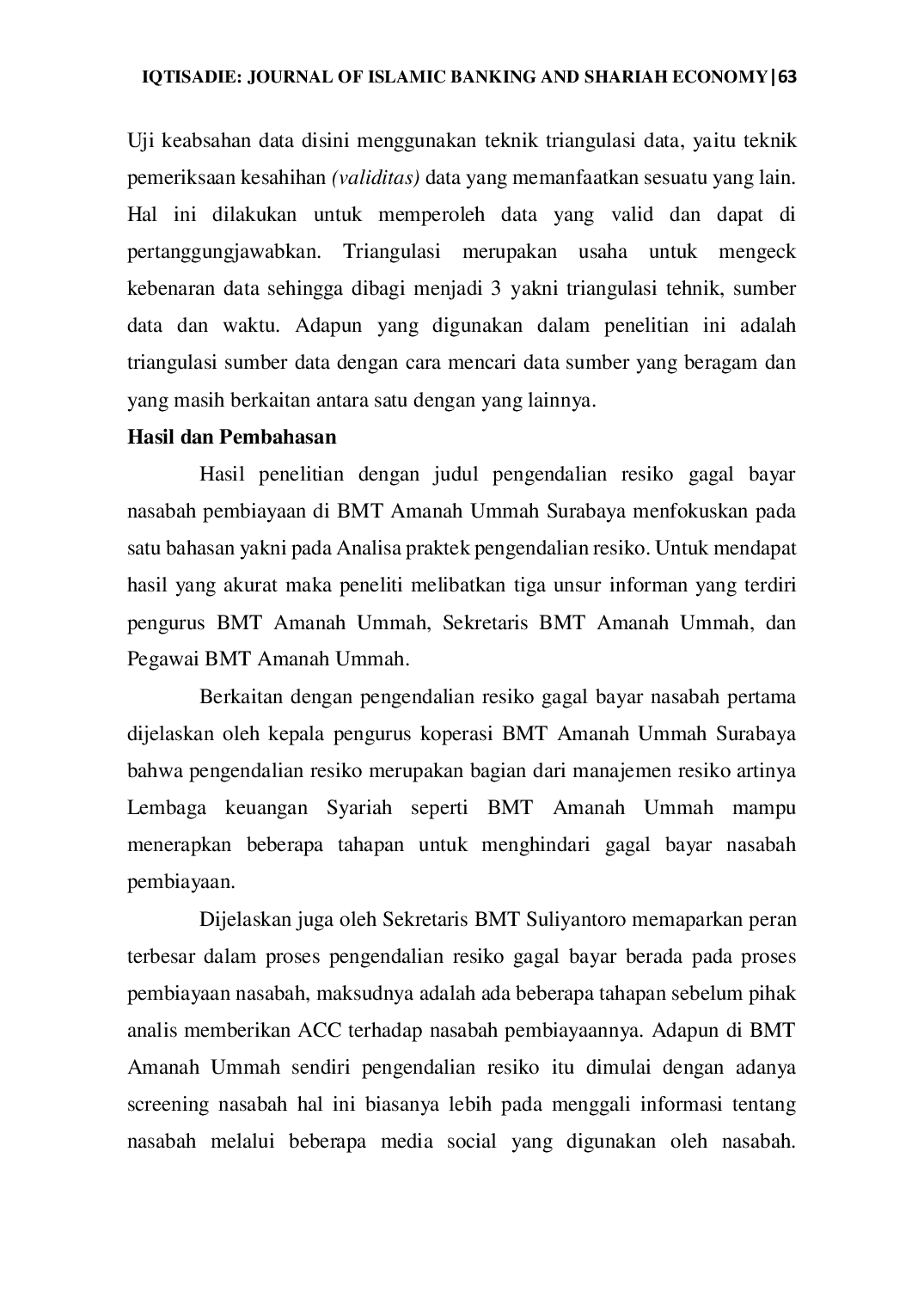 JURIS Sistem Pengendalian Resiko Gagal Bayar Nasabah Pembiayaan Di BMT Amanah Ummah Surabaya