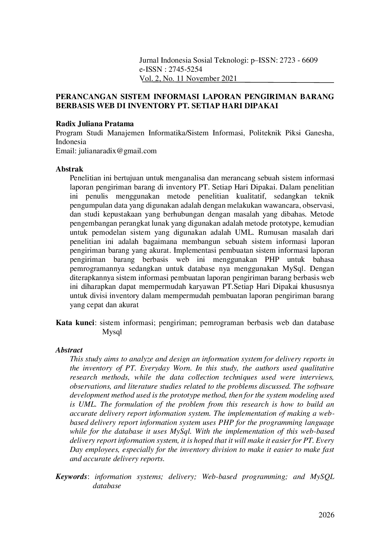 JURIS Perancangan Sistem Informasi Laporan Pengiriman Barang Berbasis Web di Inventory PT Setiap Hari Dipakai