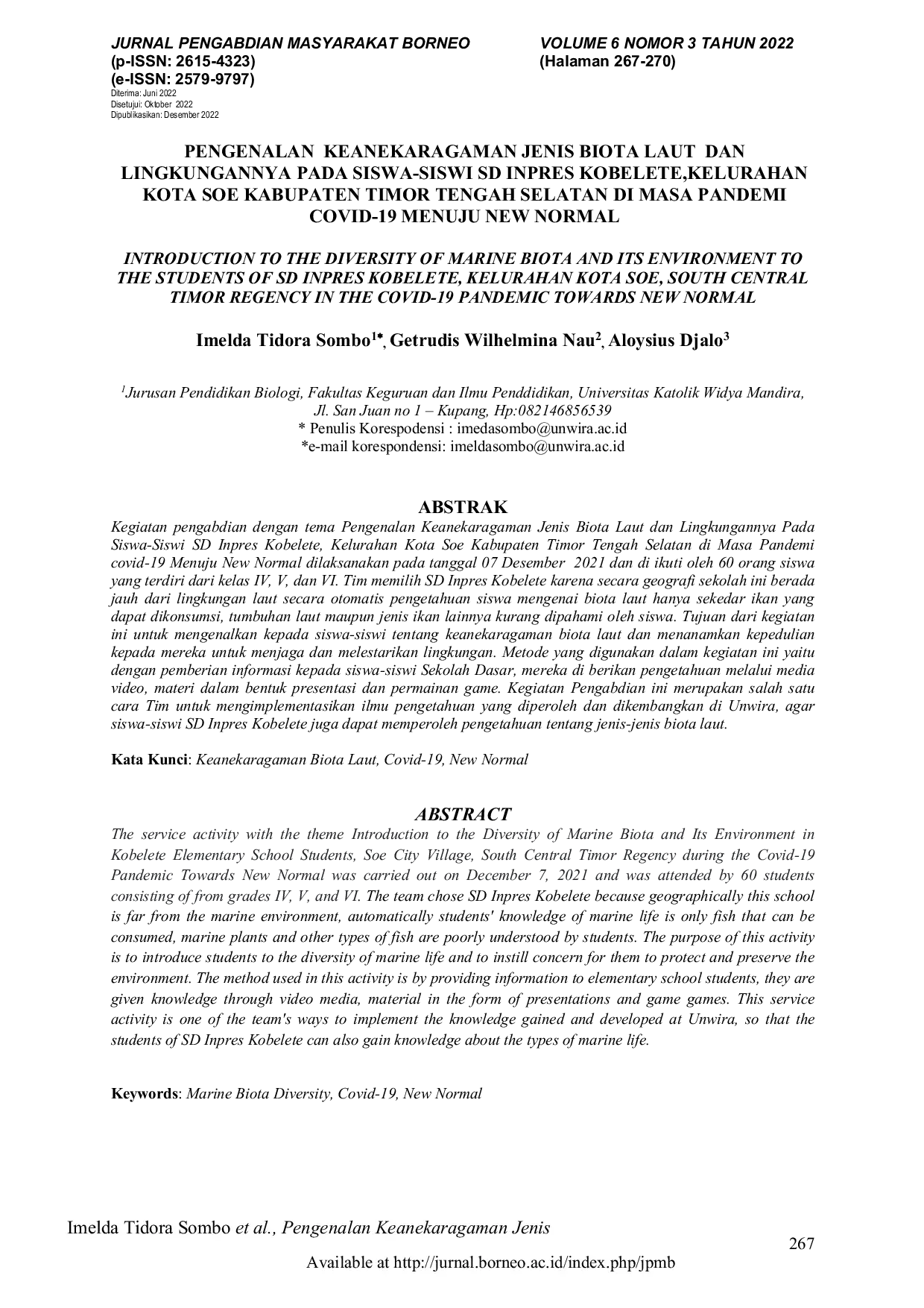 JURIS Pengenalan Keanekaragaman Jenis Biota Laut Dan Lingkungannya Pada Siswa Siswi Sd Inpres Kobelete Kelurahan Kota Soe Kabupaten Timor Tengah Selatan Di Masa Pandemi Covid 19 Menuju New Normal
