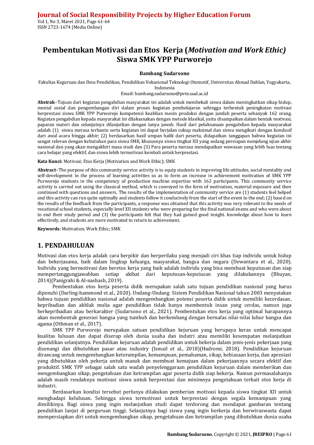 JURIS Pembentukan Motivasi dan Etos Kerja Motivation and Work Ethic Siswa SMK YPP Purworejo