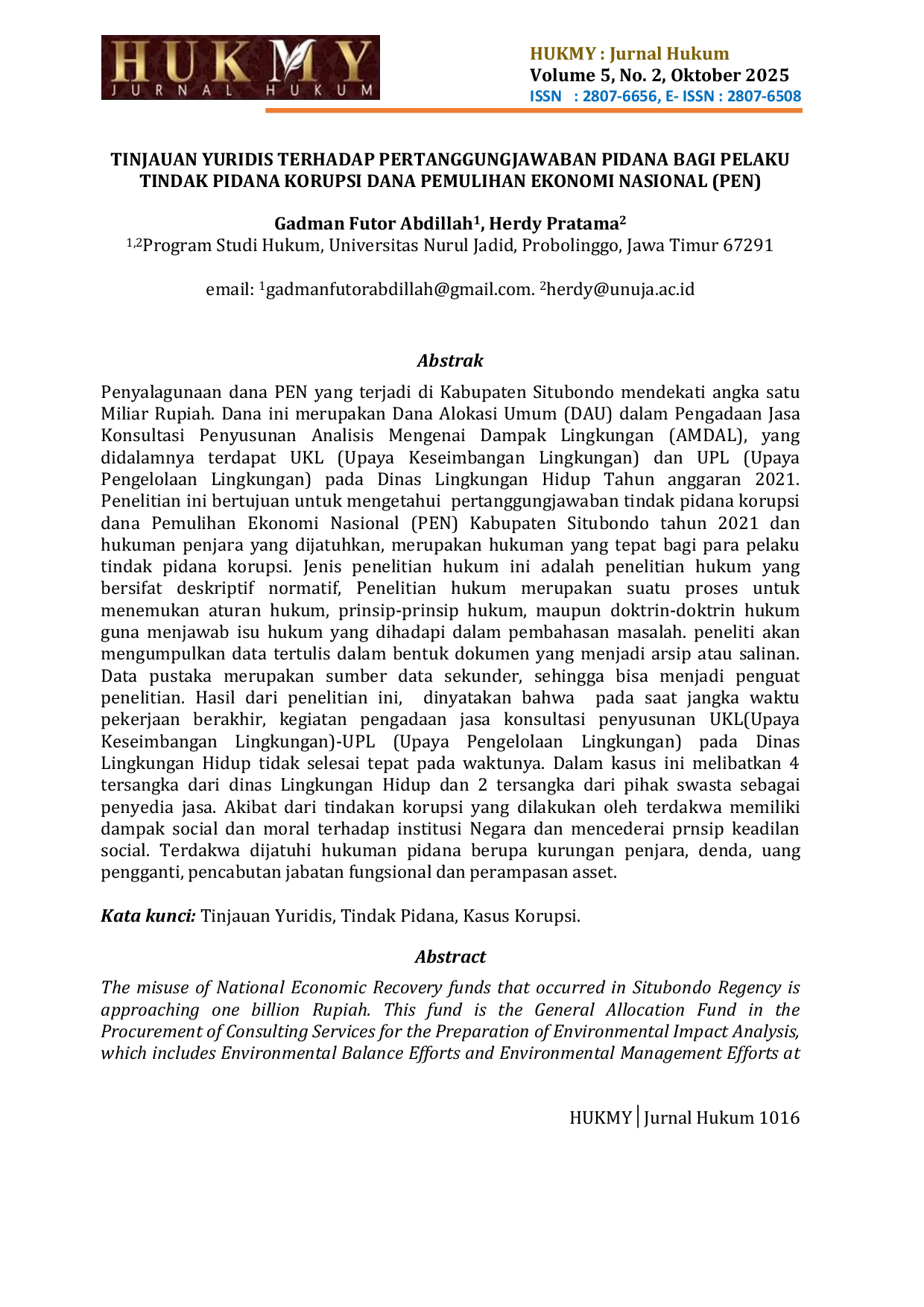 JURIS Tinjauan Yuridis Terhadap Pertanggungjawaban Pidana Bagi Pelaku Tindak Pidana Korupsi Dana Pemulihan Ekonomi Nasional PEN