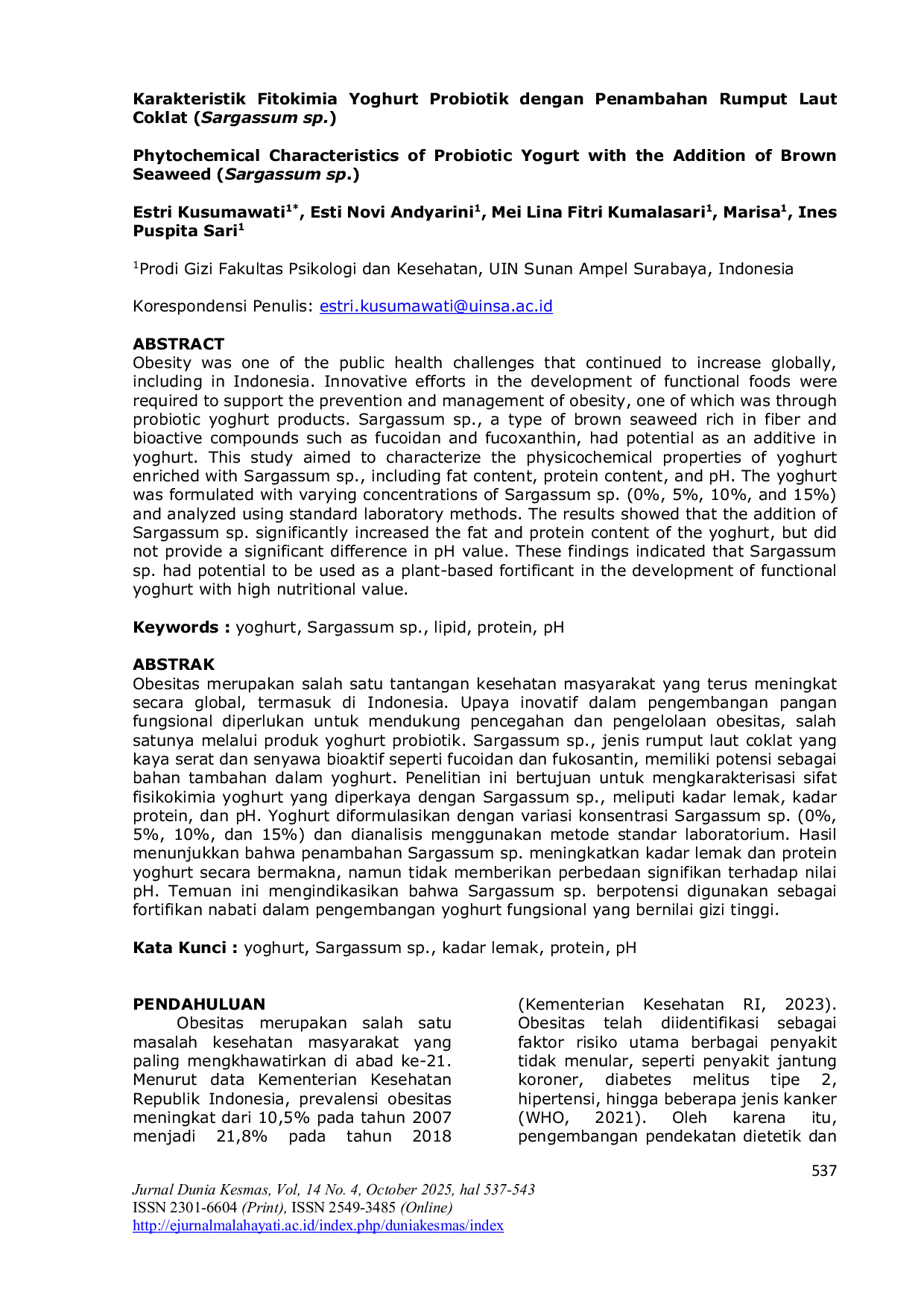 JURIS Karakteristik Fitokimia Yoghurt Probiotik dengan Penambahan Rumput Laut Coklat Sargassum sp