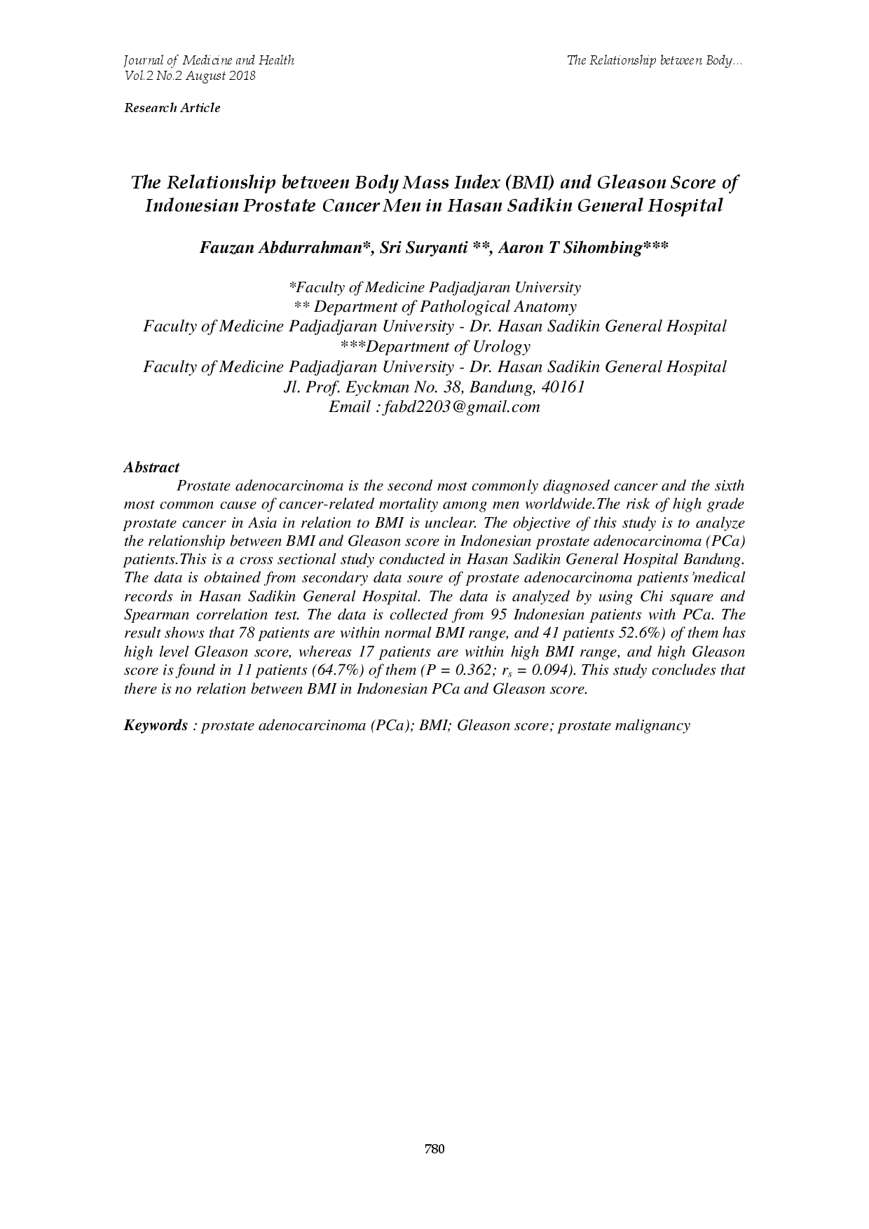 juris The Relationship between Body Mass Index BMI and Gleason Score of Indonesian Prostate Cancer Men in Hasan Sadikin General Hospital