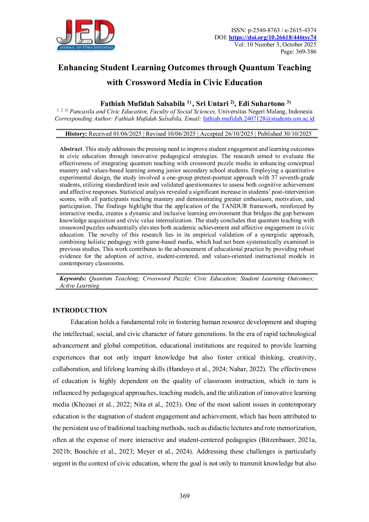 JURIS Enhancing Student Learning Outcomes through Quantum Teaching with Crossword Media in Civic Education
