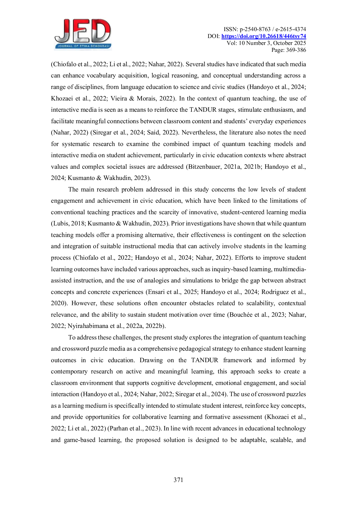 JURIS Enhancing Student Learning Outcomes through Quantum Teaching with Crossword Media in Civic Education
