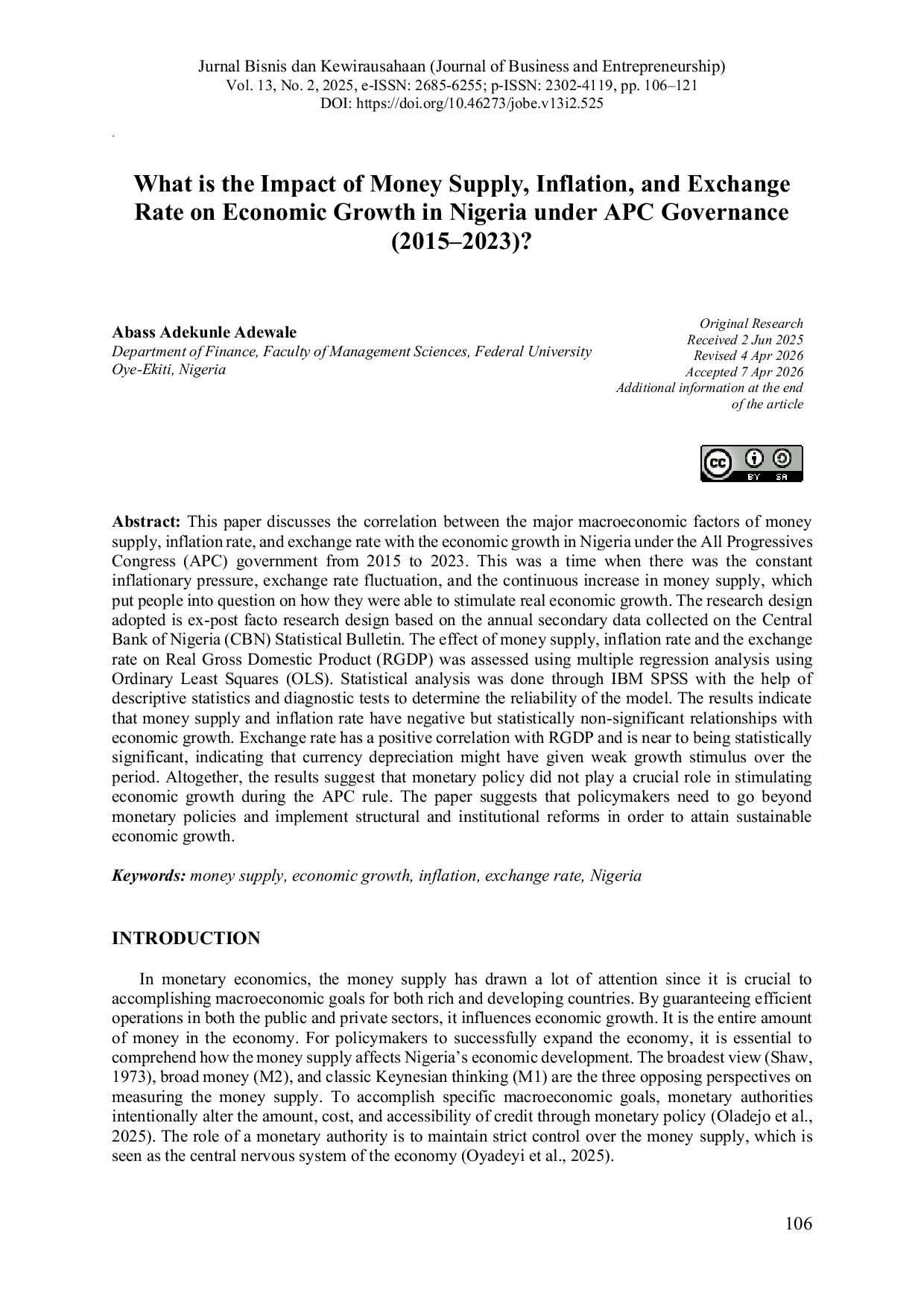 JURIS What is the Impact of Money Supply Inflation and Exchange Rate on Economic Growth in Nigeria under APC Governance 2015 2023