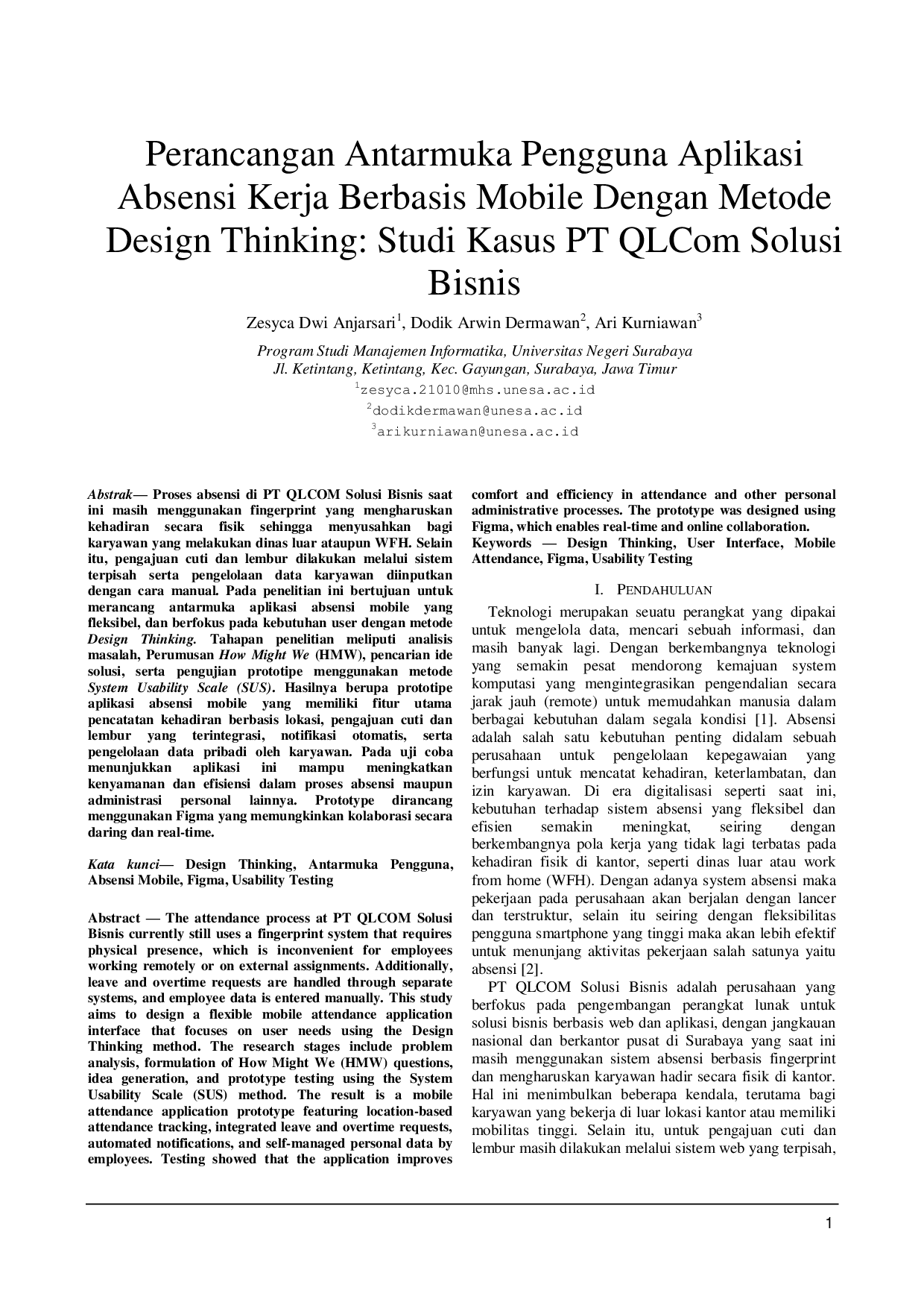 JURIS Perancangan Antarmuka Pengguna Aplikasi Absensi Kerja Berbasis Mobile Dengan Metode Design Thinking Studi Kasus PT QLCom Solusi Bisnis