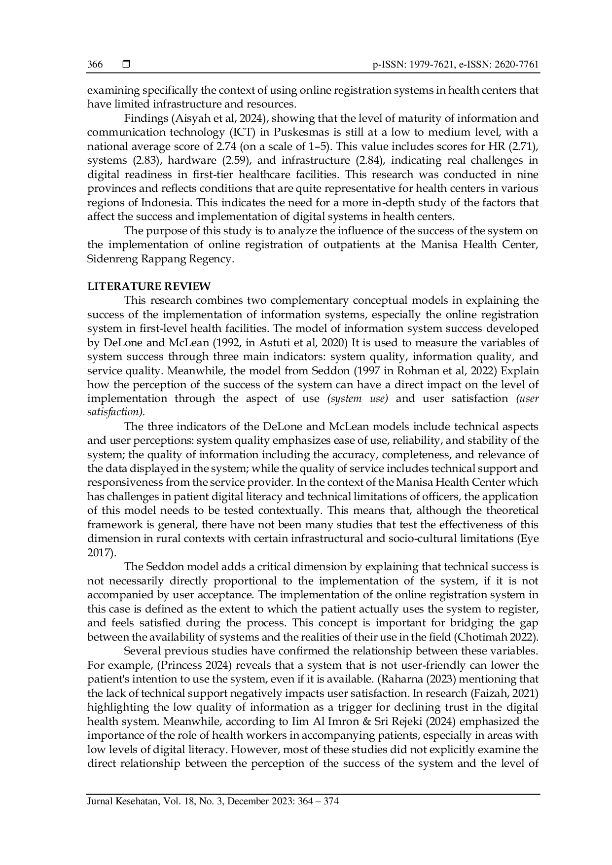 JURIS The Effect of System Success on The Implementation of Patient Online Registration Outpatient at Manisa Health Center Kabupaten Sidenreng Rappang
