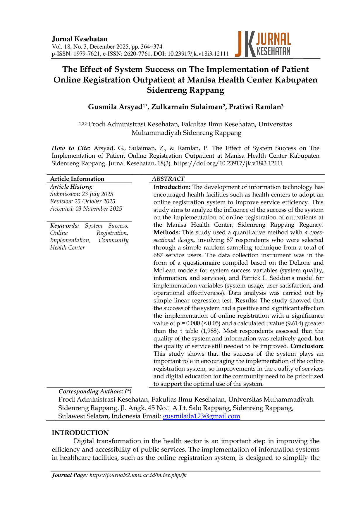 JURIS The Effect of System Success on The Implementation of Patient Online Registration Outpatient at Manisa Health Center Kabupaten Sidenreng Rappang