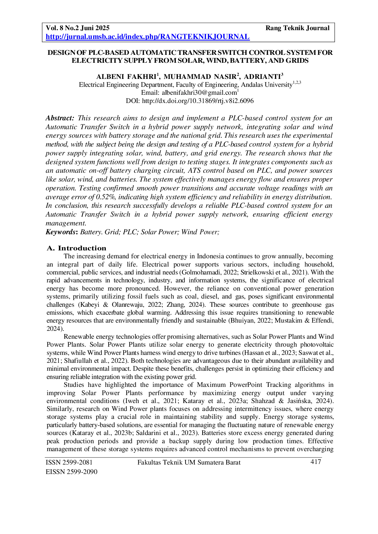 JURIS Design of PLC Based Automatic Transfer Switch Control System for Electricity Supply from Solar Wind Battery and Grids