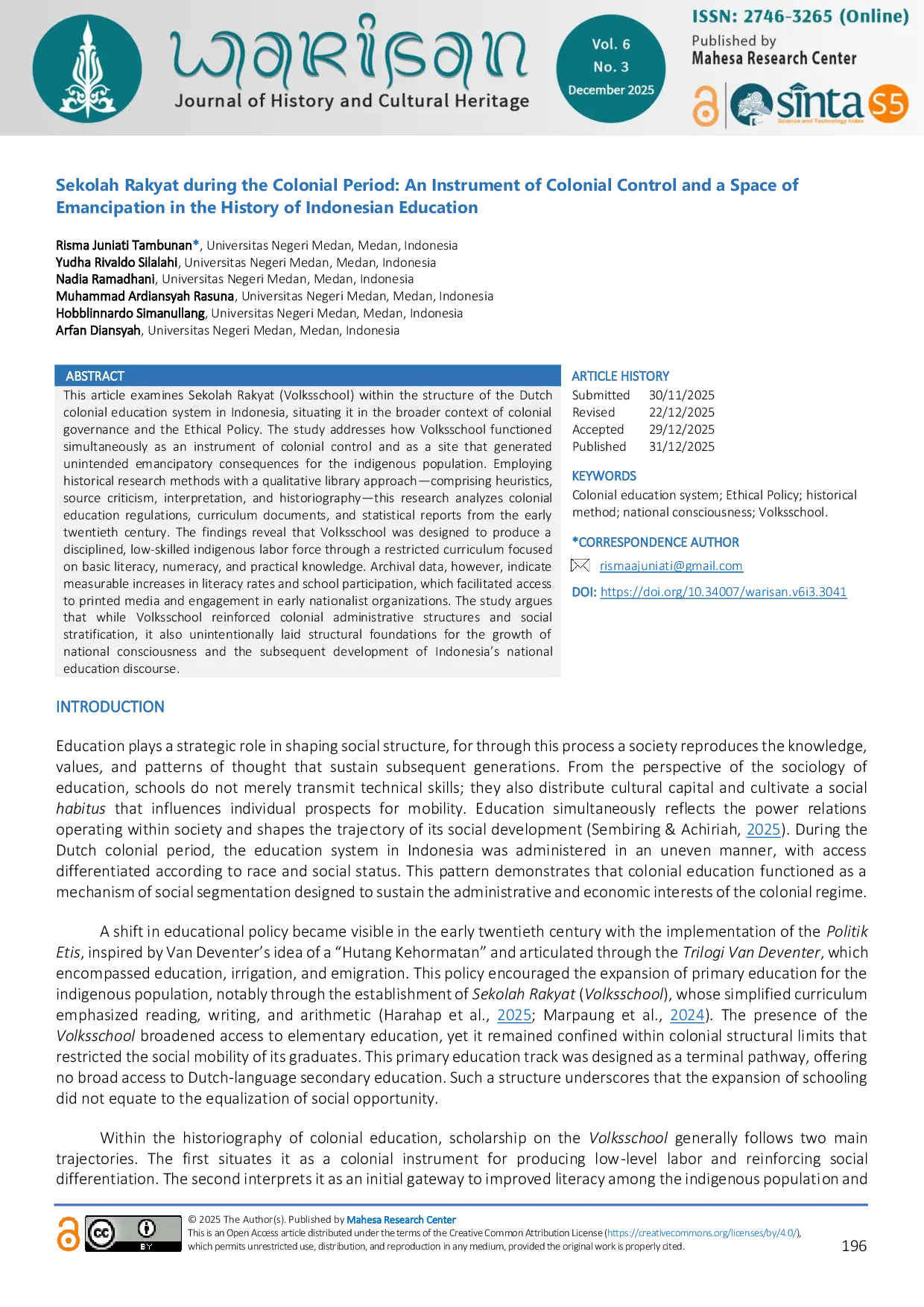 JURIS Sekolah Rakyat during the Colonial Period An Instrument of Colonial Control and a Space of Emancipation in the History of Indonesian Education