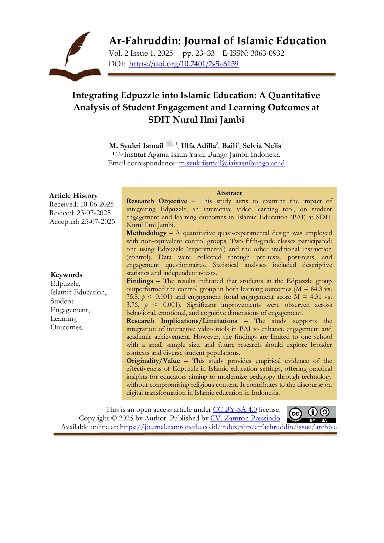 JURIS Integrating Edpuzzle into Islamic Education A Quantitative Analysis of Student Engagement and Learning Outcomes at SDIT Nurul Ilmi Jambi
