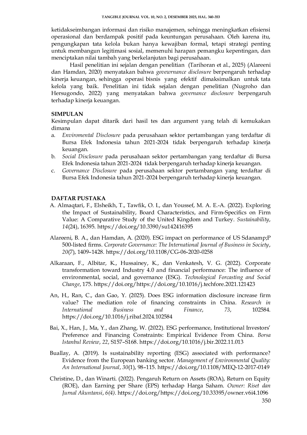 JURIS Pengaruh Pengungkapan ESG terhadap Kinerja Keuangan Perusahaan Pertambangan di Indonesia