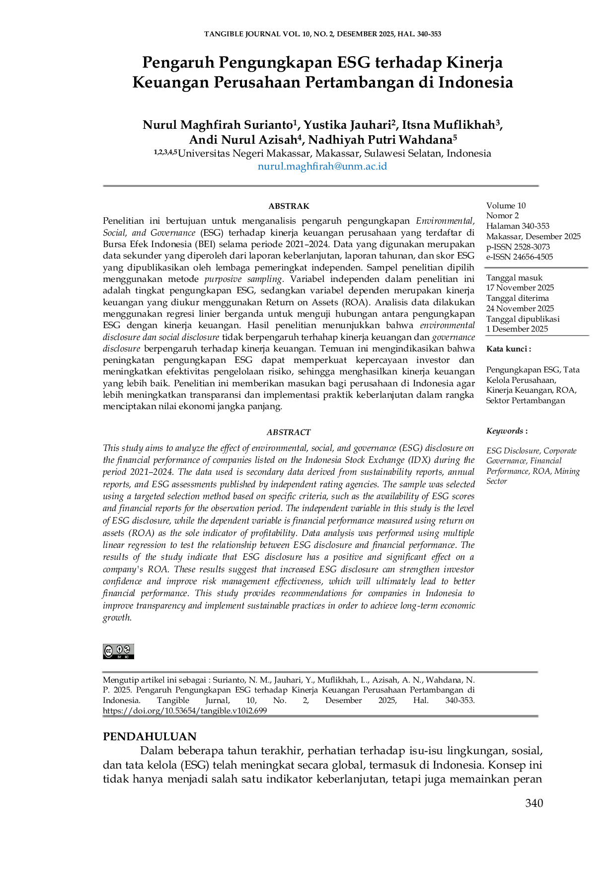 JURIS Pengaruh Pengungkapan ESG terhadap Kinerja Keuangan Perusahaan Pertambangan di Indonesia