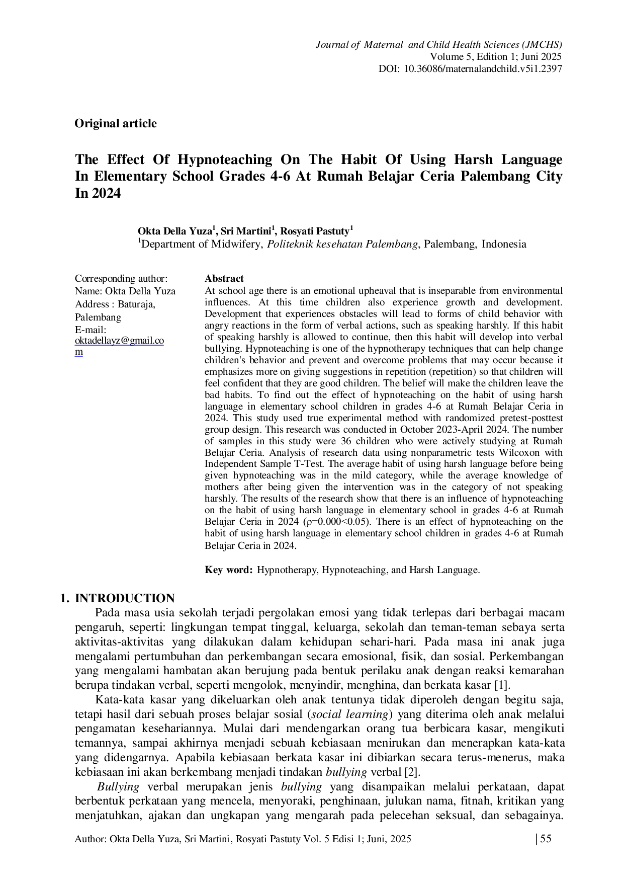 JURIS The Effect Of Hypnoteaching On The Habit Of Using Harsh Language In Elementary School Grades 4 6 At Rumah Belajar Ceria