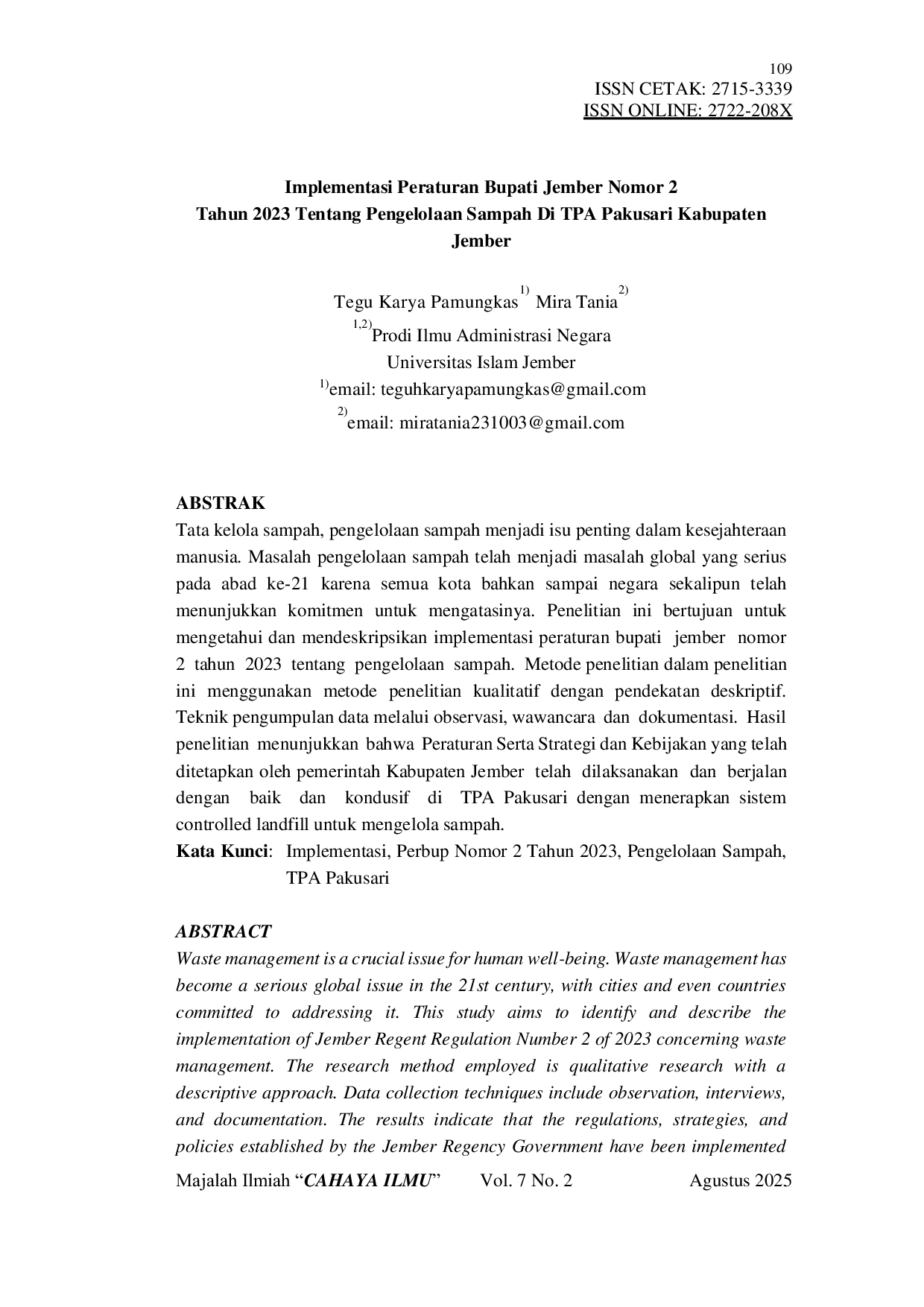 JURIS Implementasi Peraturan Bupati Jember Nomor 2 Tahun 2023 Tentang Pengelolaan Sampah Di TPA Pakusari Kabupaten Jember