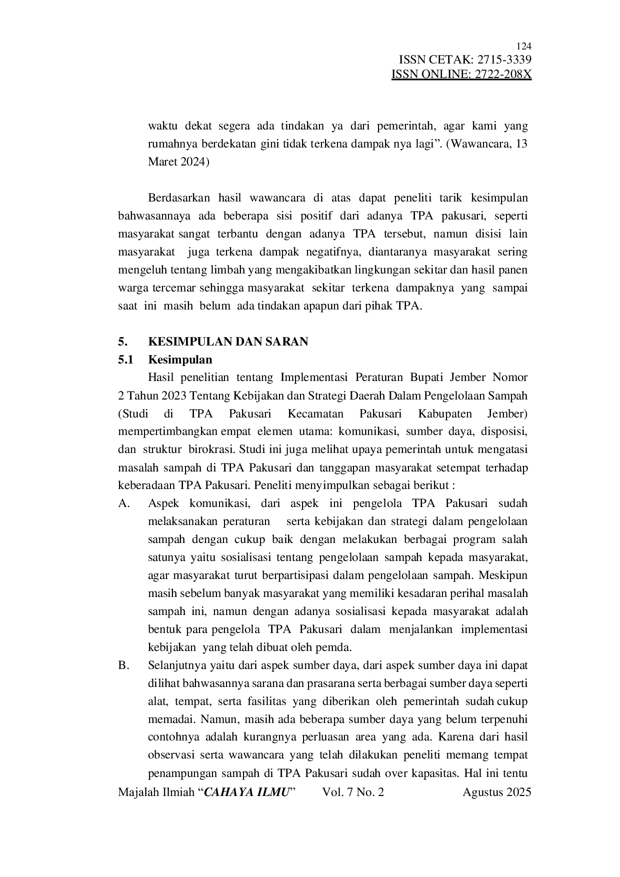 JURIS Implementasi Peraturan Bupati Jember Nomor 2 Tahun 2023 Tentang Pengelolaan Sampah Di TPA Pakusari Kabupaten Jember