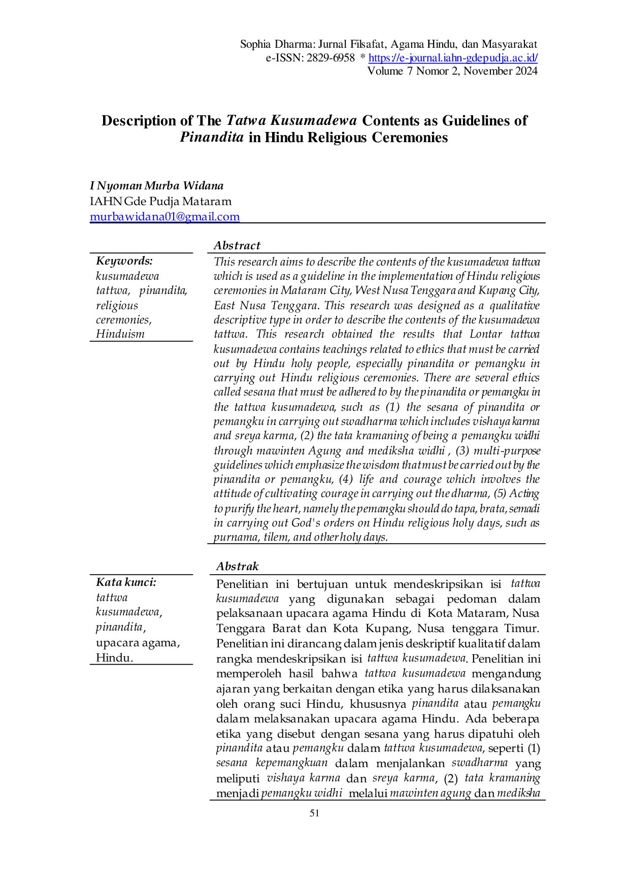JURIS Description Of The Tatwa Kusumadewa Contents As Guidelines Of Pinandita In Hindu Religious Ceremonies