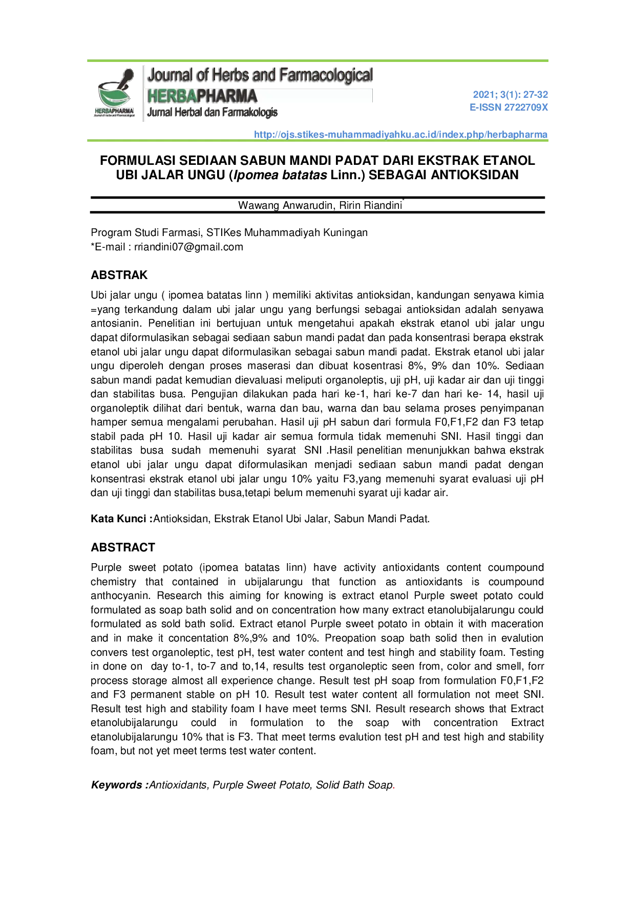 JURIS FORMULASI SEDIAAN SABUN MANDI PADAT DARI EKSTRAK ETANOL UBI JALAR UNGU Ipomea batatas Linn SEBAGAI ANTIOKSIDAN