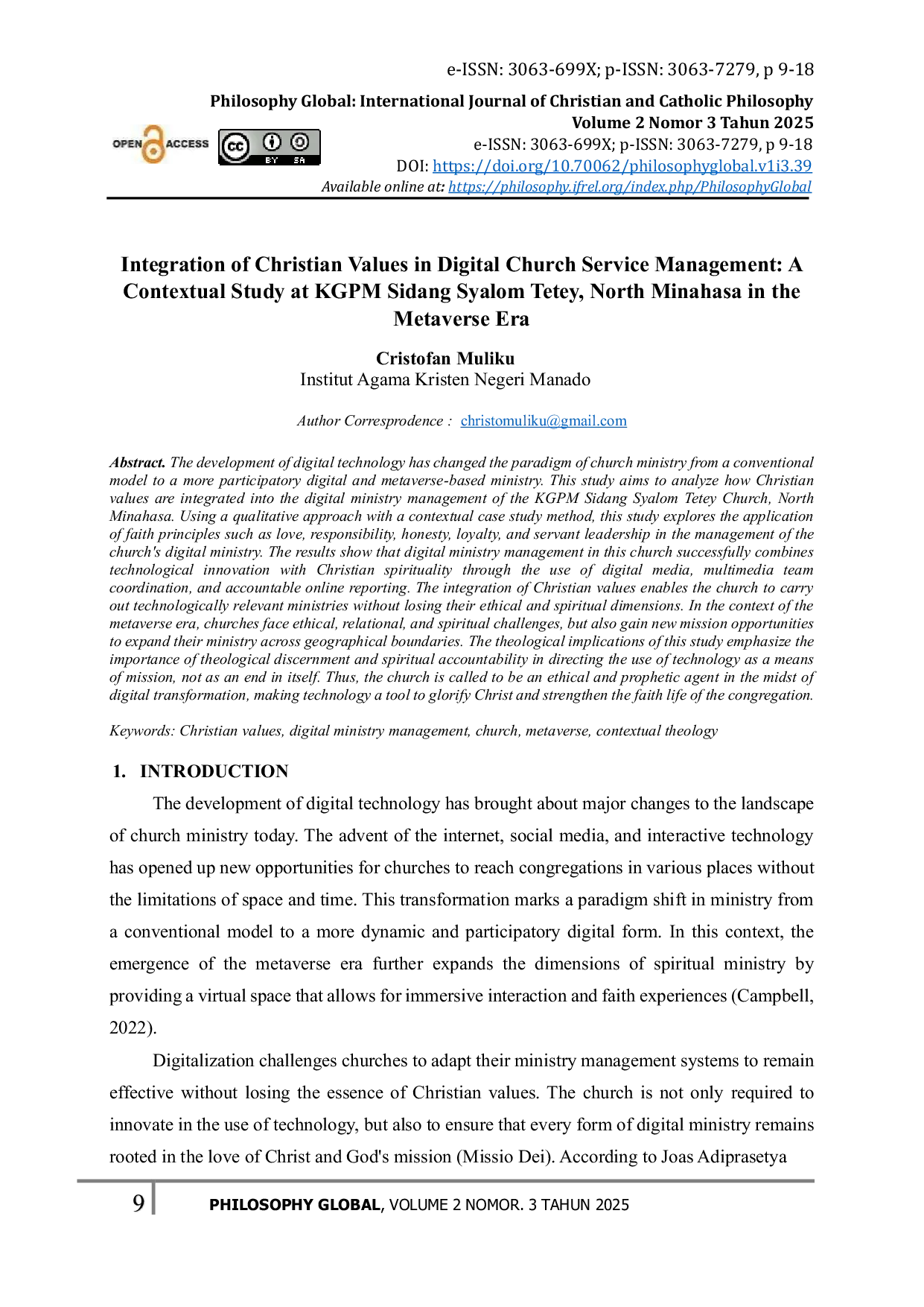 JURIS Integration of Christian Values in Digital Church Service Management A Contextual Study at KGPM Sidang Syalom Tetey North Minahasa in the Metaverse Era